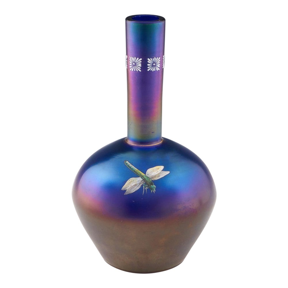 Enamelled Iridescent Glass Vase Early 20th Century For Sale