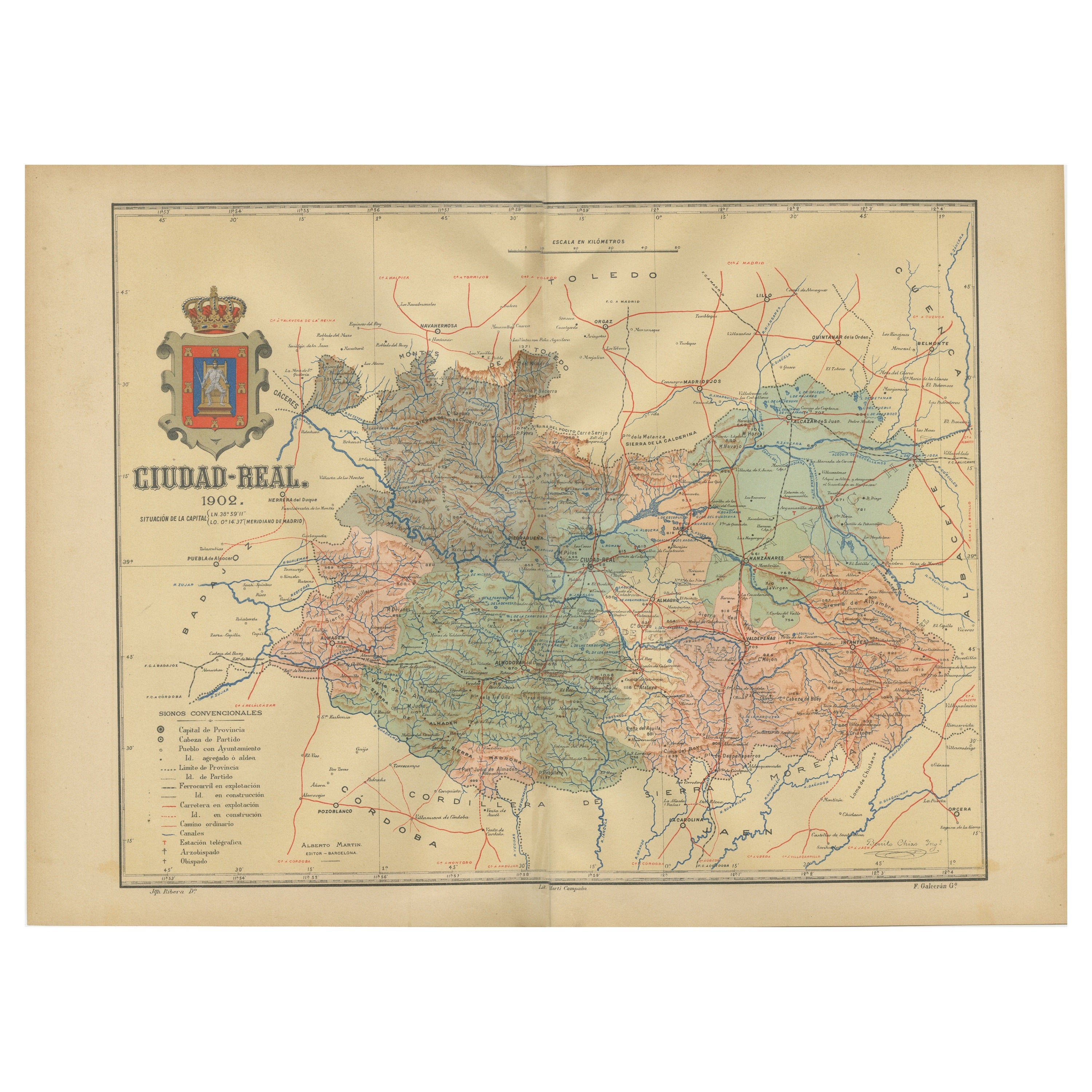 Ciudad Real 1902: Eine detaillierte Kartographische Untersuchung von La Mancha in Spanien im Angebot