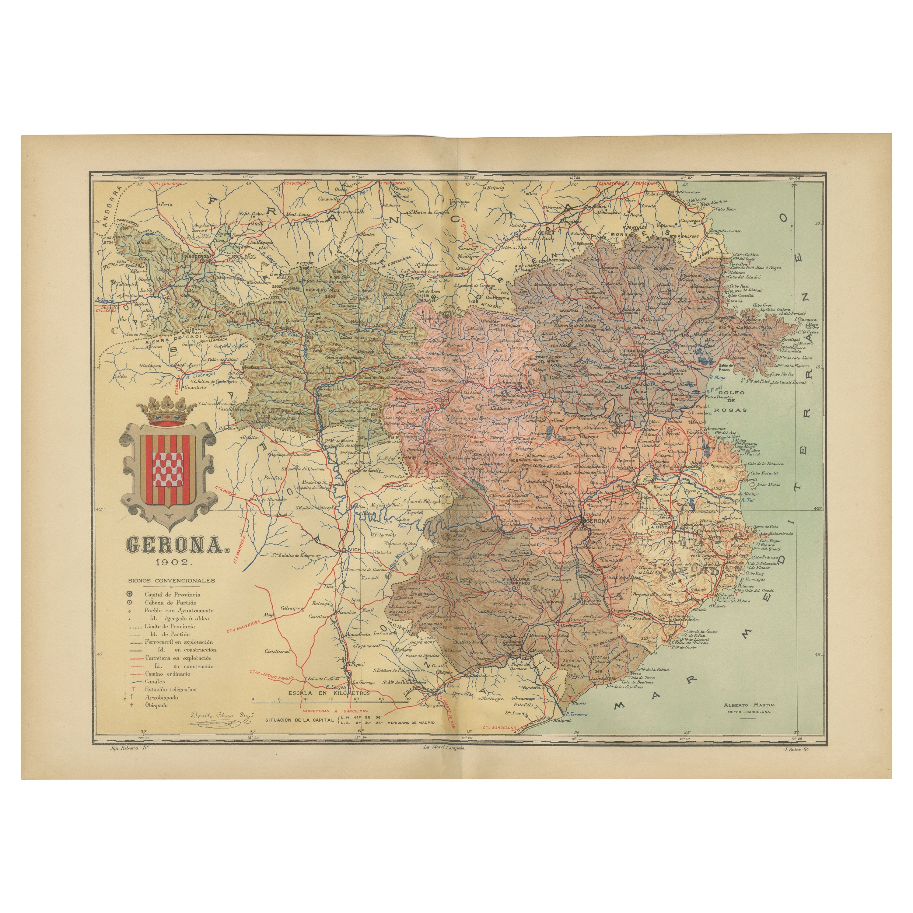 Girona 1902: Geographic and Infrastructural Map of Catalonia’s Northern Province For Sale