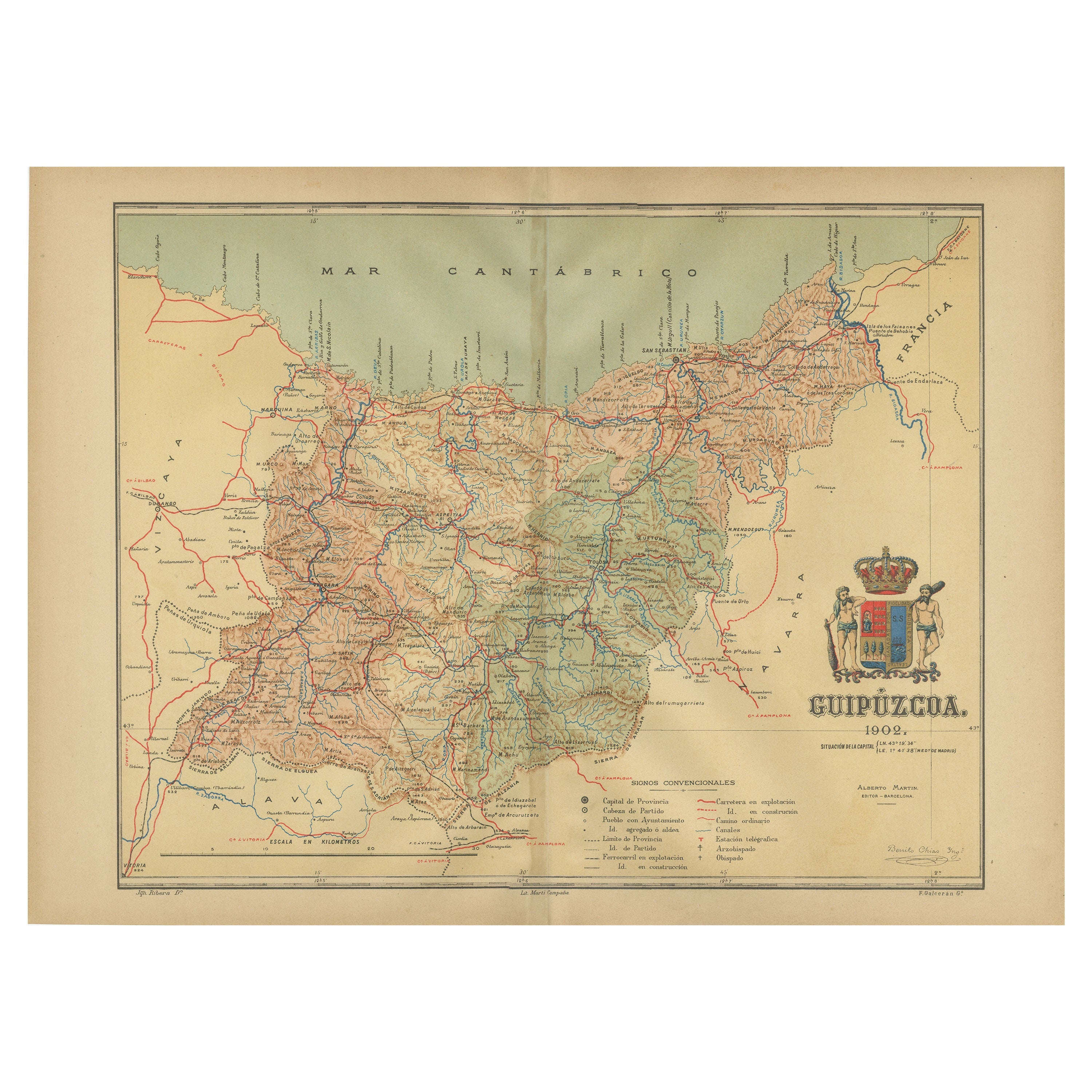 Gipuzkoa 1902: A Cartographic Snapshot of the Basque Coastline and Highlands For Sale