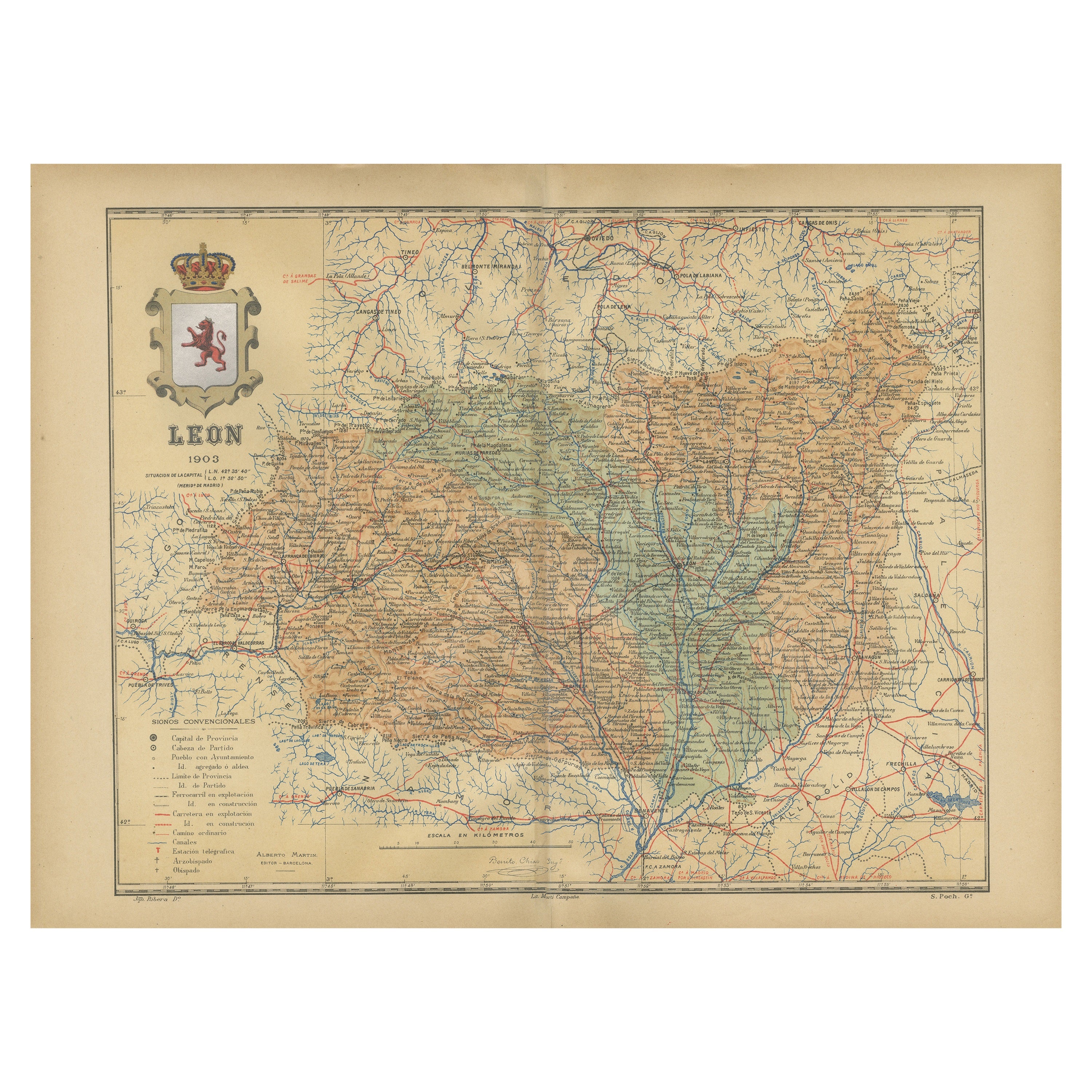 León 1903: A Cartographic Detailing of Castilla y León's Mountainous Province For Sale