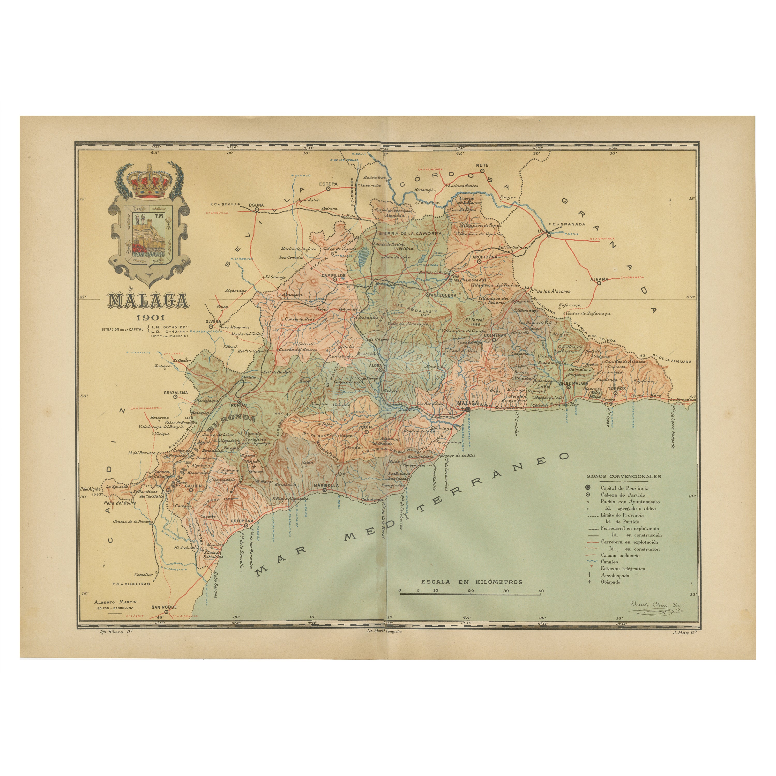 Málaga 1901: A Cartographic Detailing of Andalusia's Coastal Jewel For Sale