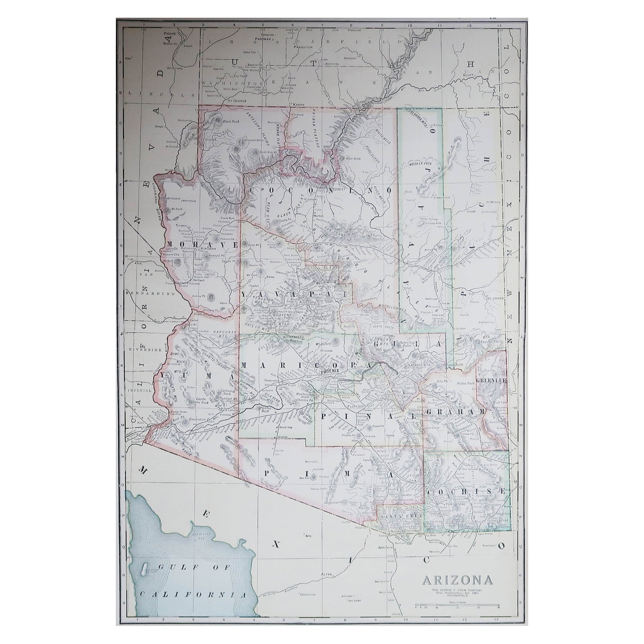 Large Original Antique Map of Arizona, Usa, C.1900 For Sale