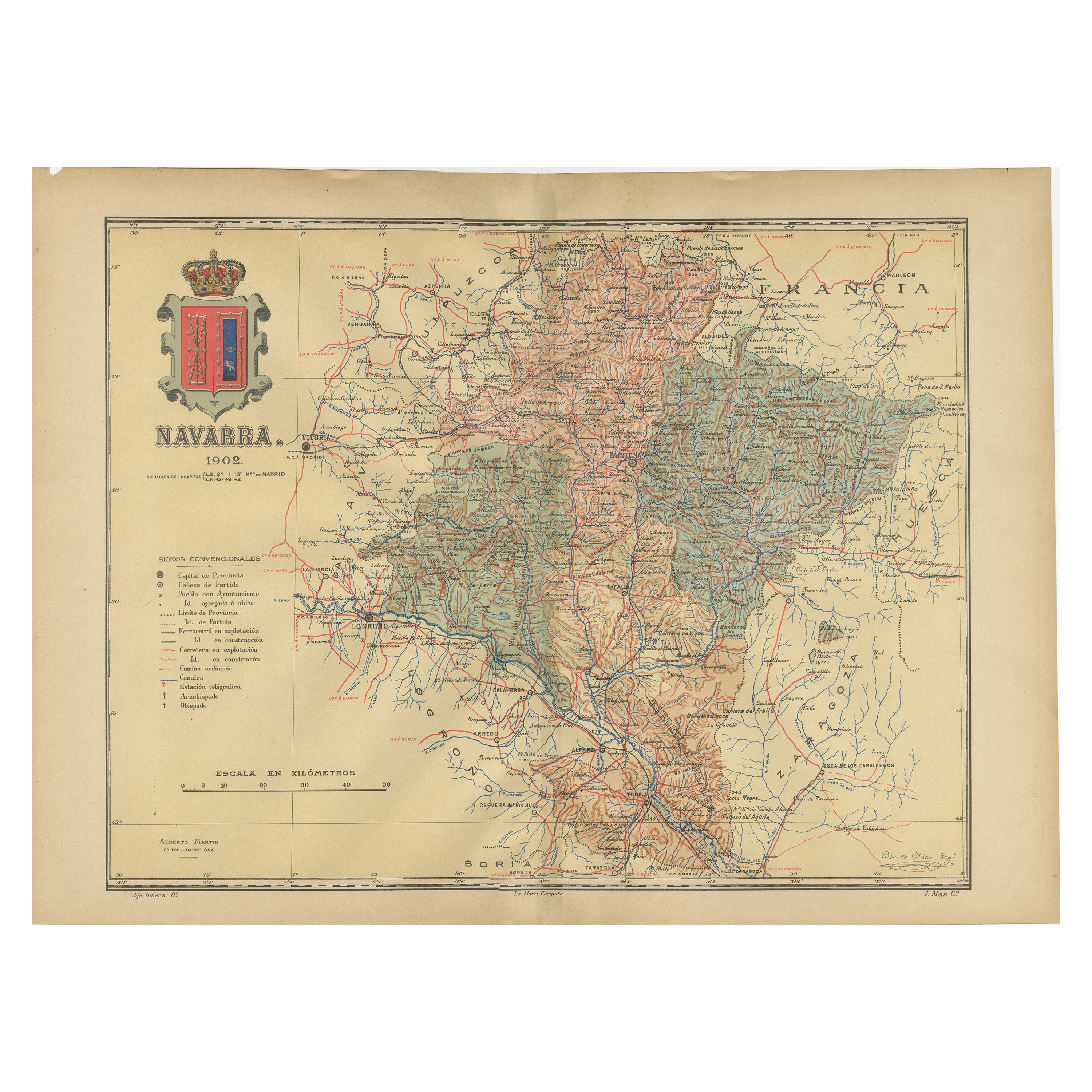 Navarra in Cartographic Detail: A 1902 Map of the Crossroads of Northern Spain For Sale