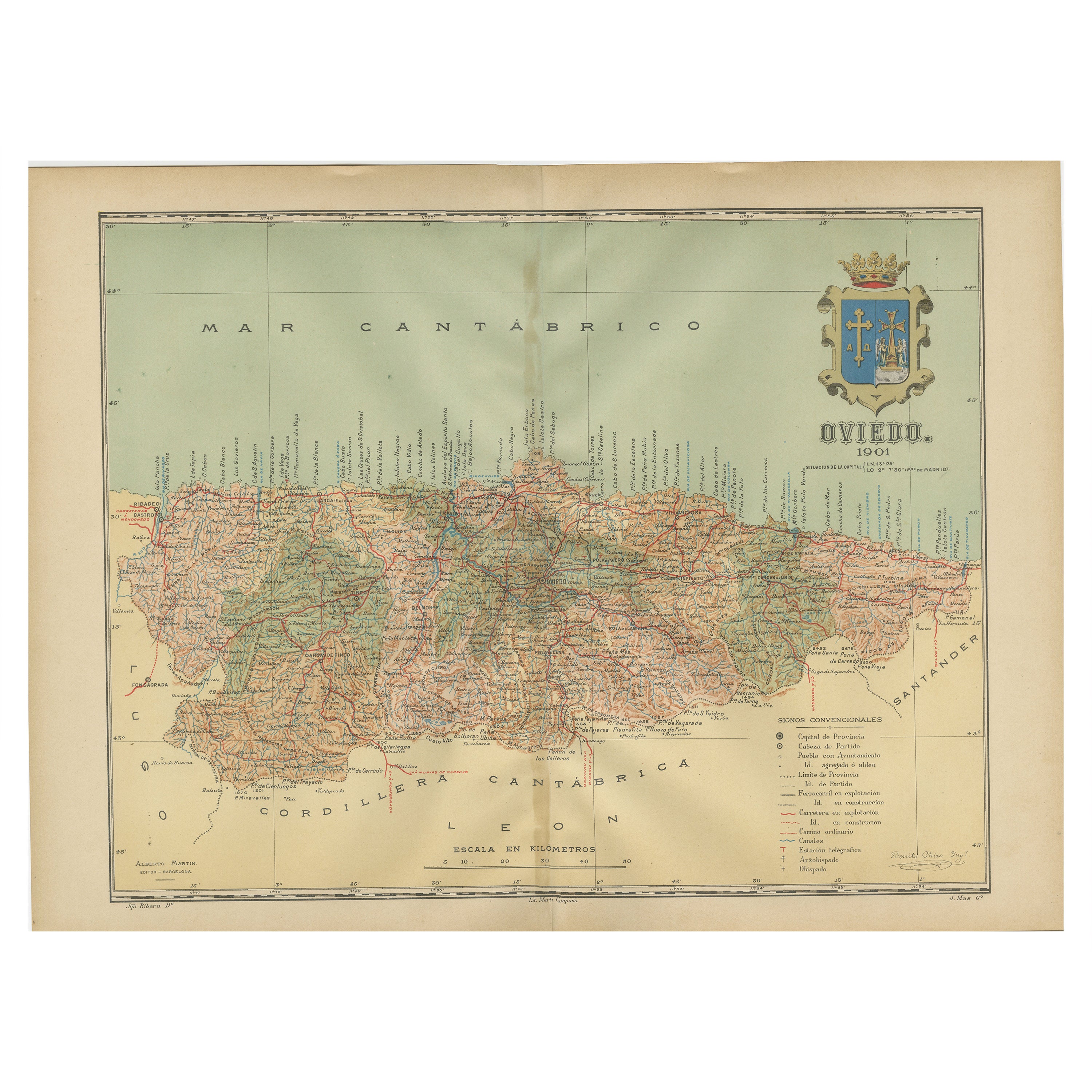 The Lay of the Land: A 1901 Topographic Map of Oviedo, Asturias For Sale