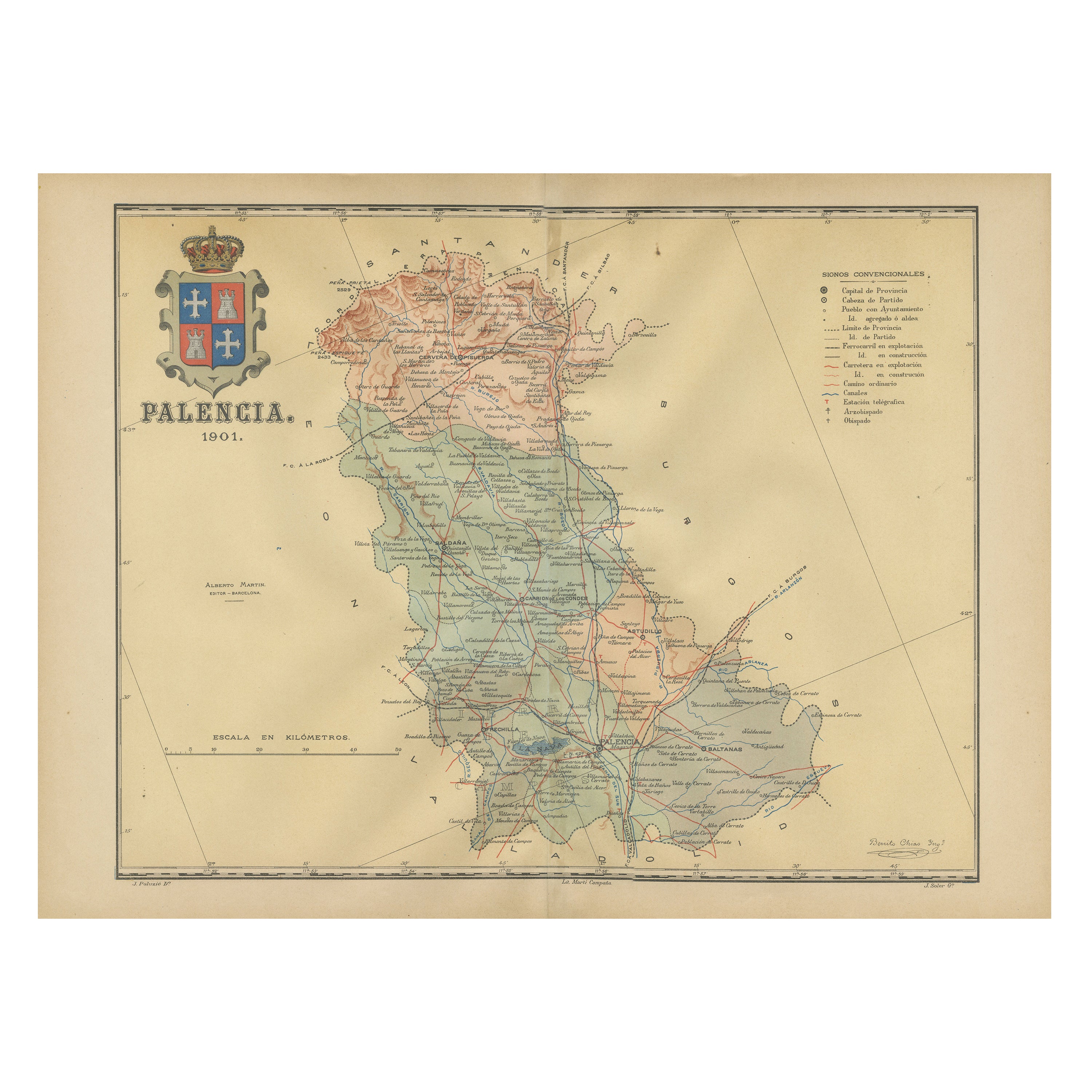 Original Antique Map of Palencia Province, in Northern Spain, 1901