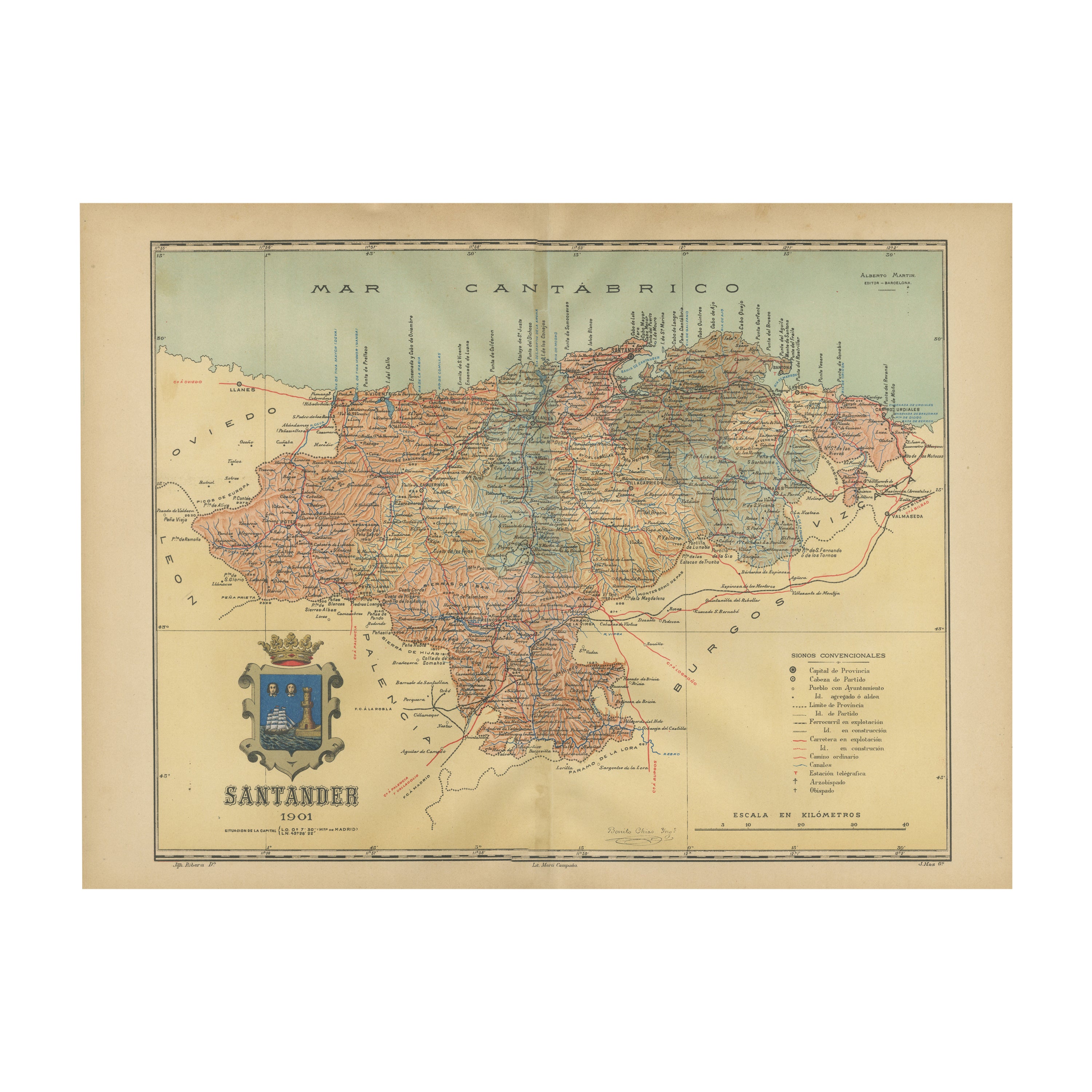 Maritime and Terrestrial Survey of Spanish Santander in 1901, An Original Map For Sale