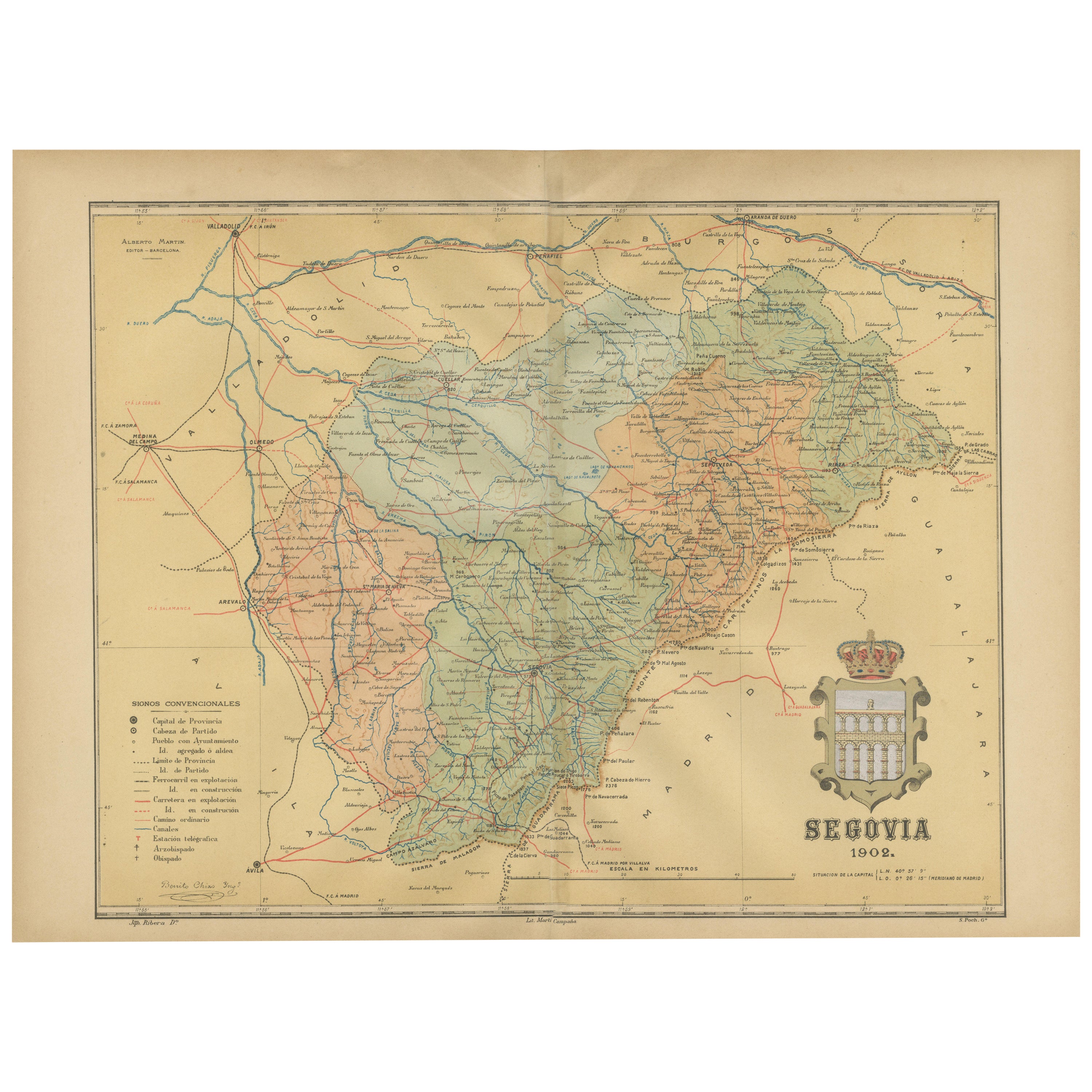 Topographical and Administrative Cartography of Segovia in Spain, 1902 For Sale