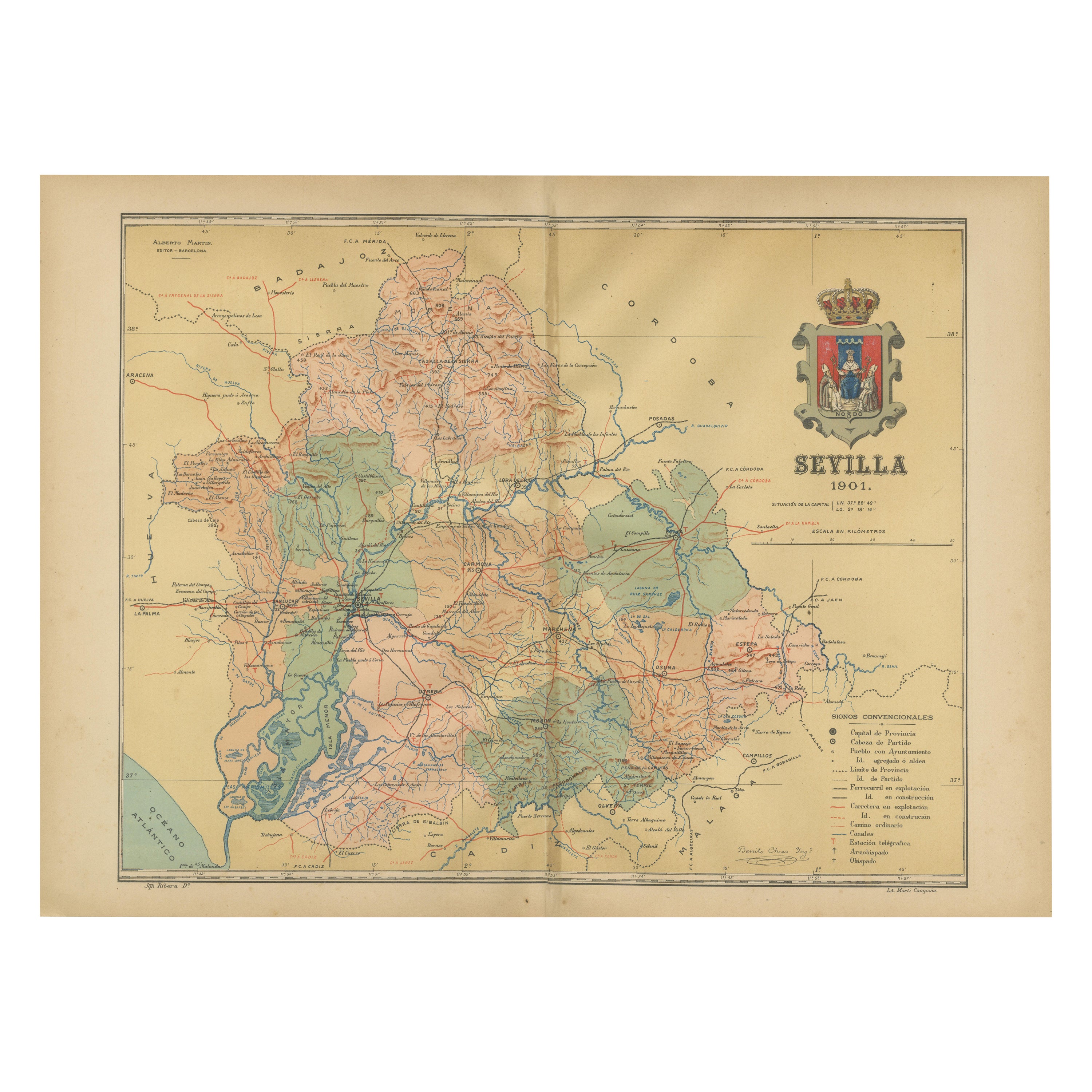 Map of Sevilla Province, 1901: A Depiction of The Spanish Cultural Heartland For Sale
