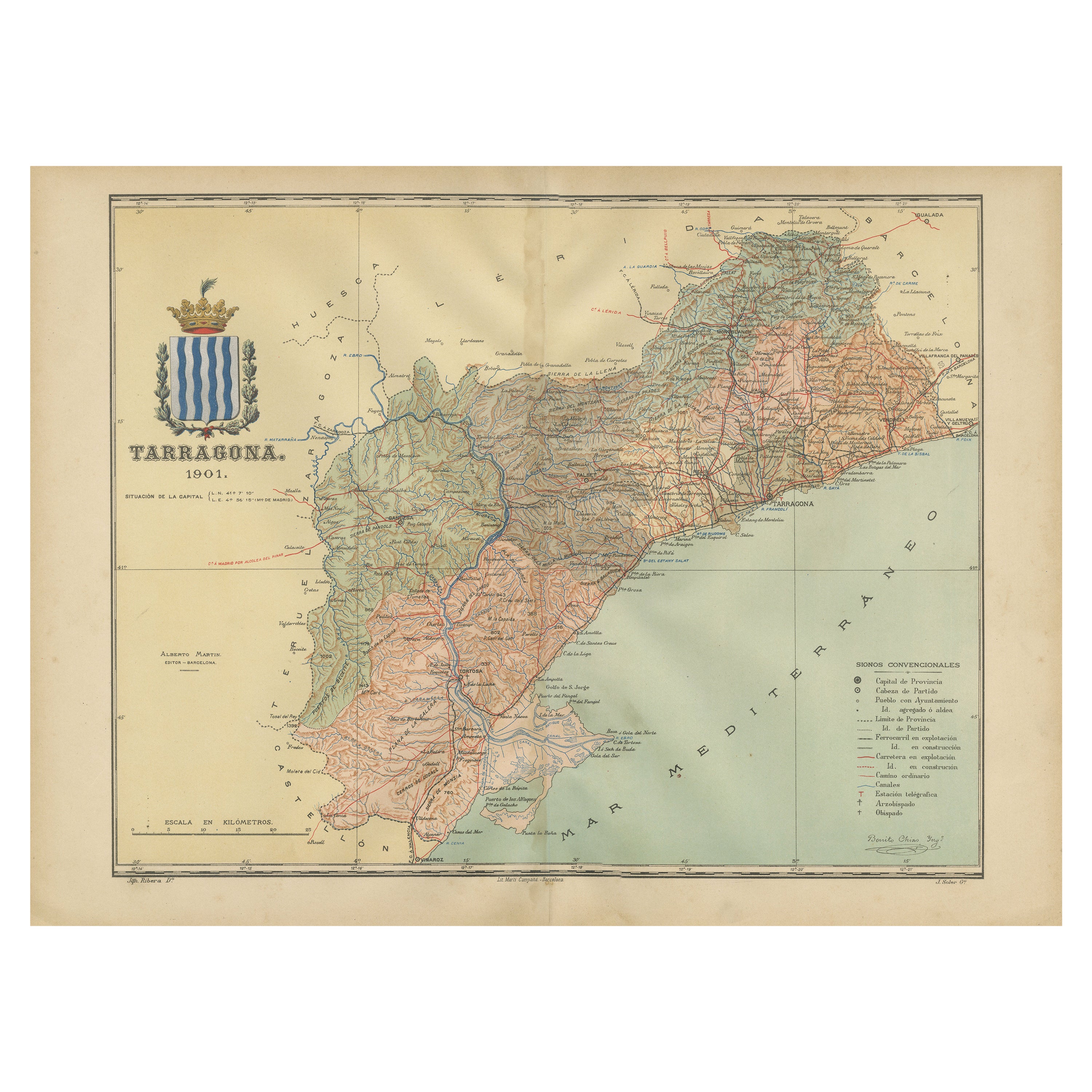 A Catalonian Cartographic Depiction of Tarragona Province, 1901 For Sale