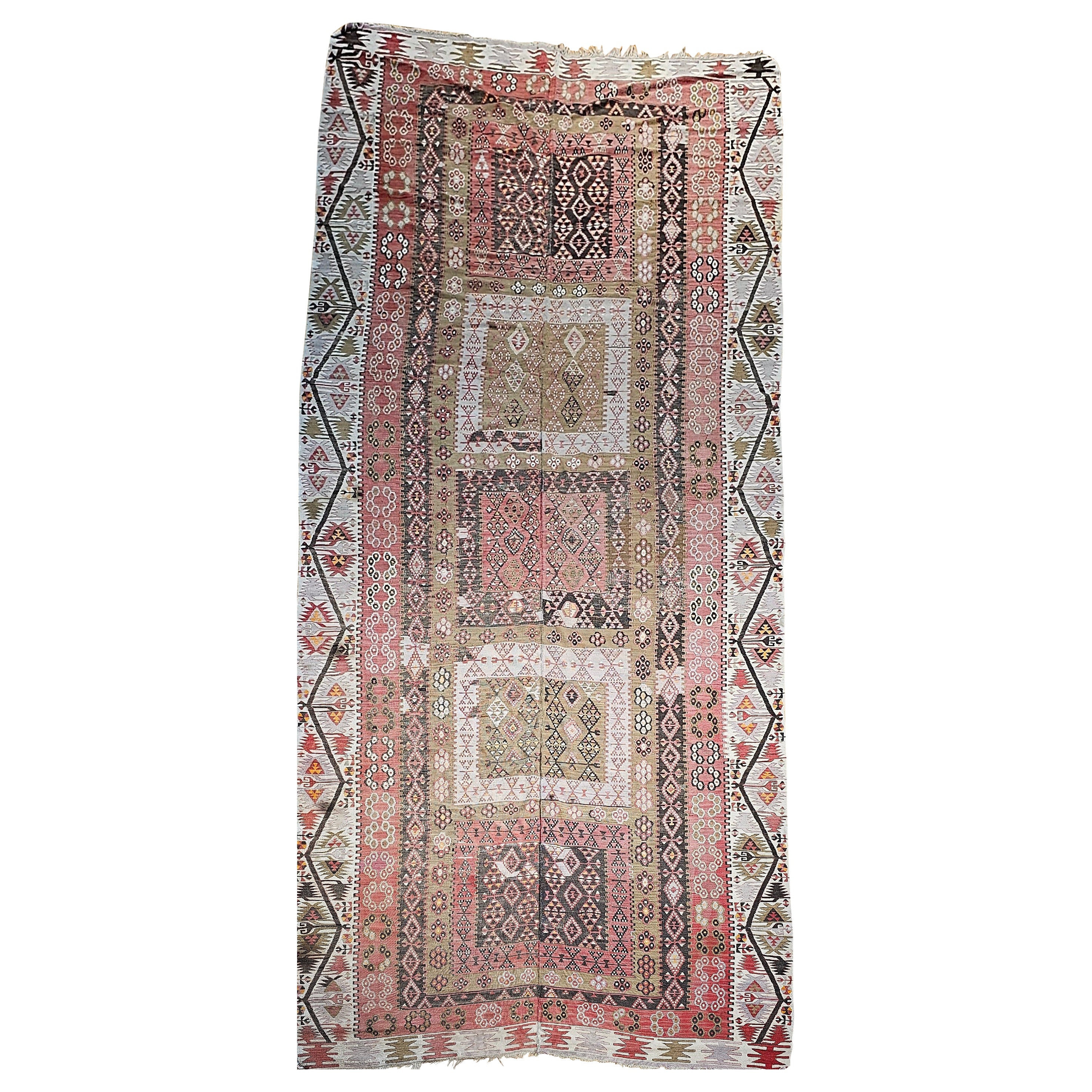 Vintage Anatolian Turkish Wide Runner Kilim in Brick Red, Ivory, Pale Green For Sale