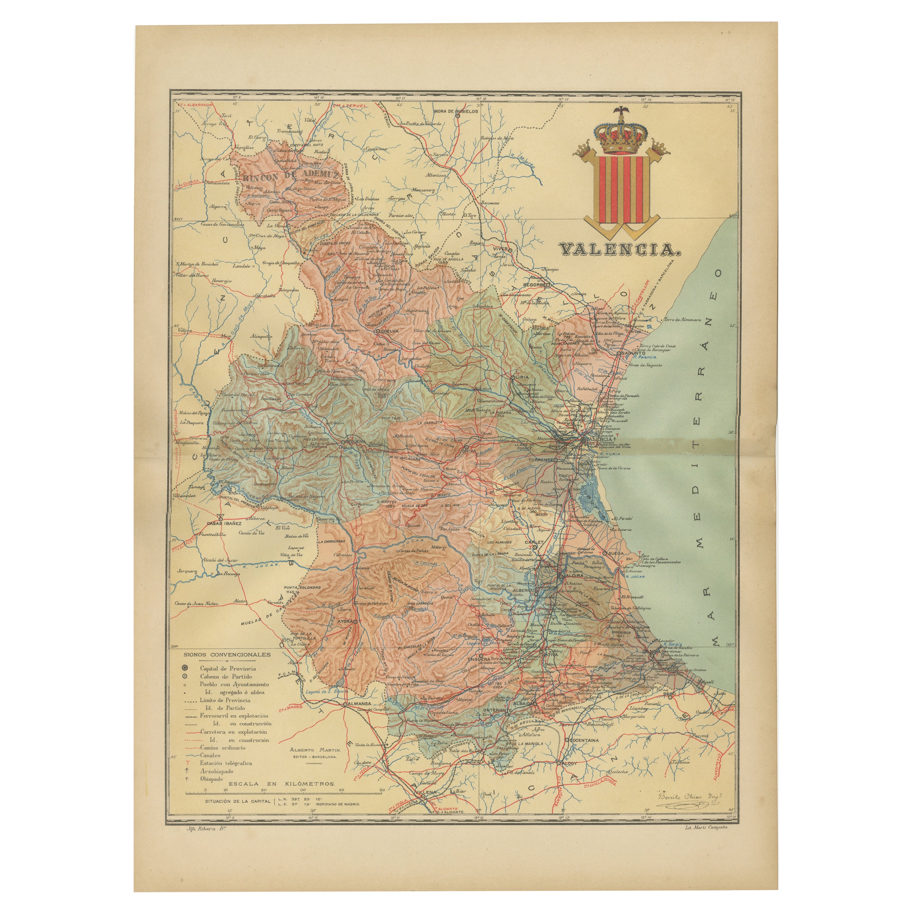 Topographical and Infrastructure Map of the Province of Valencia, 1901 For Sale