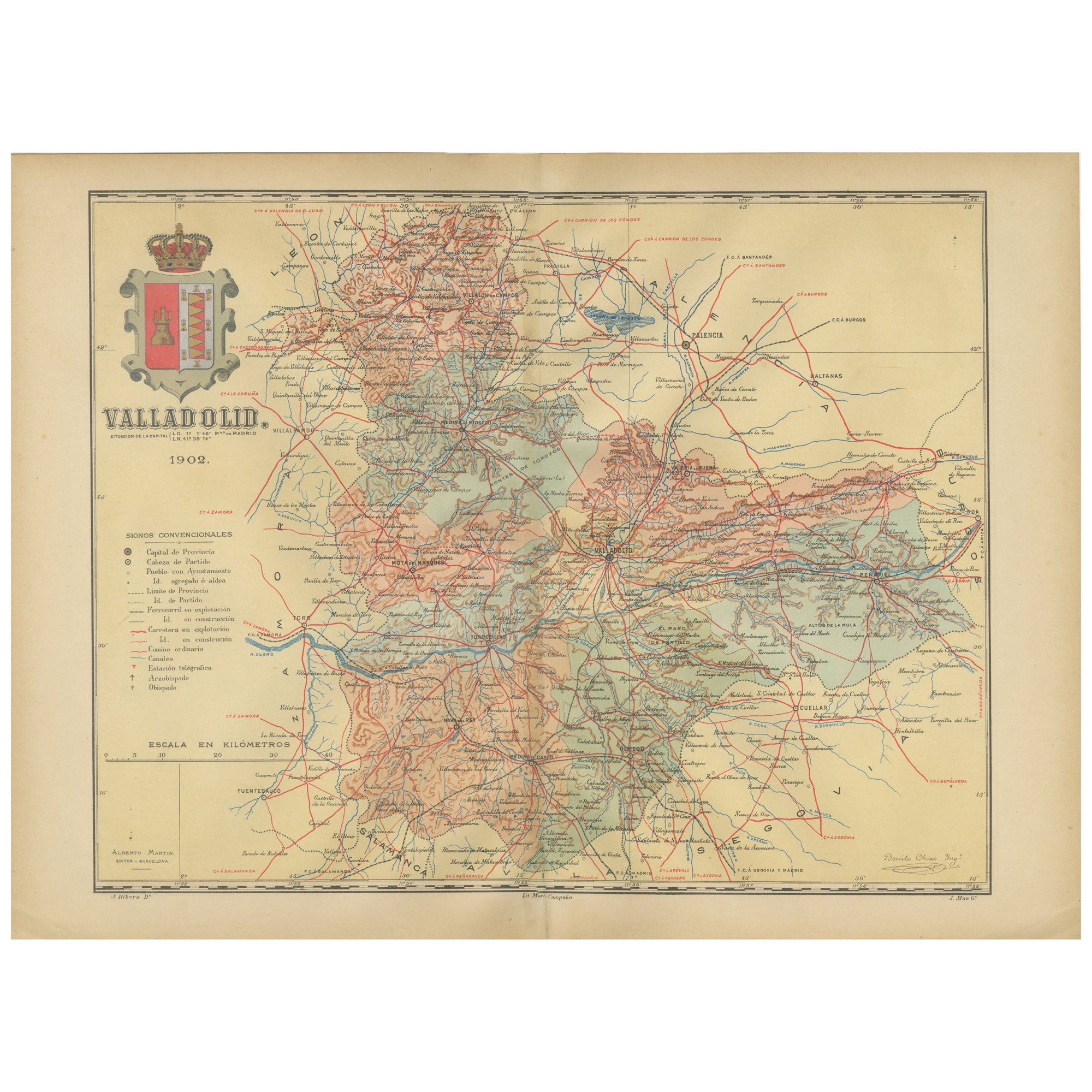 Anrtique Map of the Province of Valladolid, Central Spain, 1902 For Sale