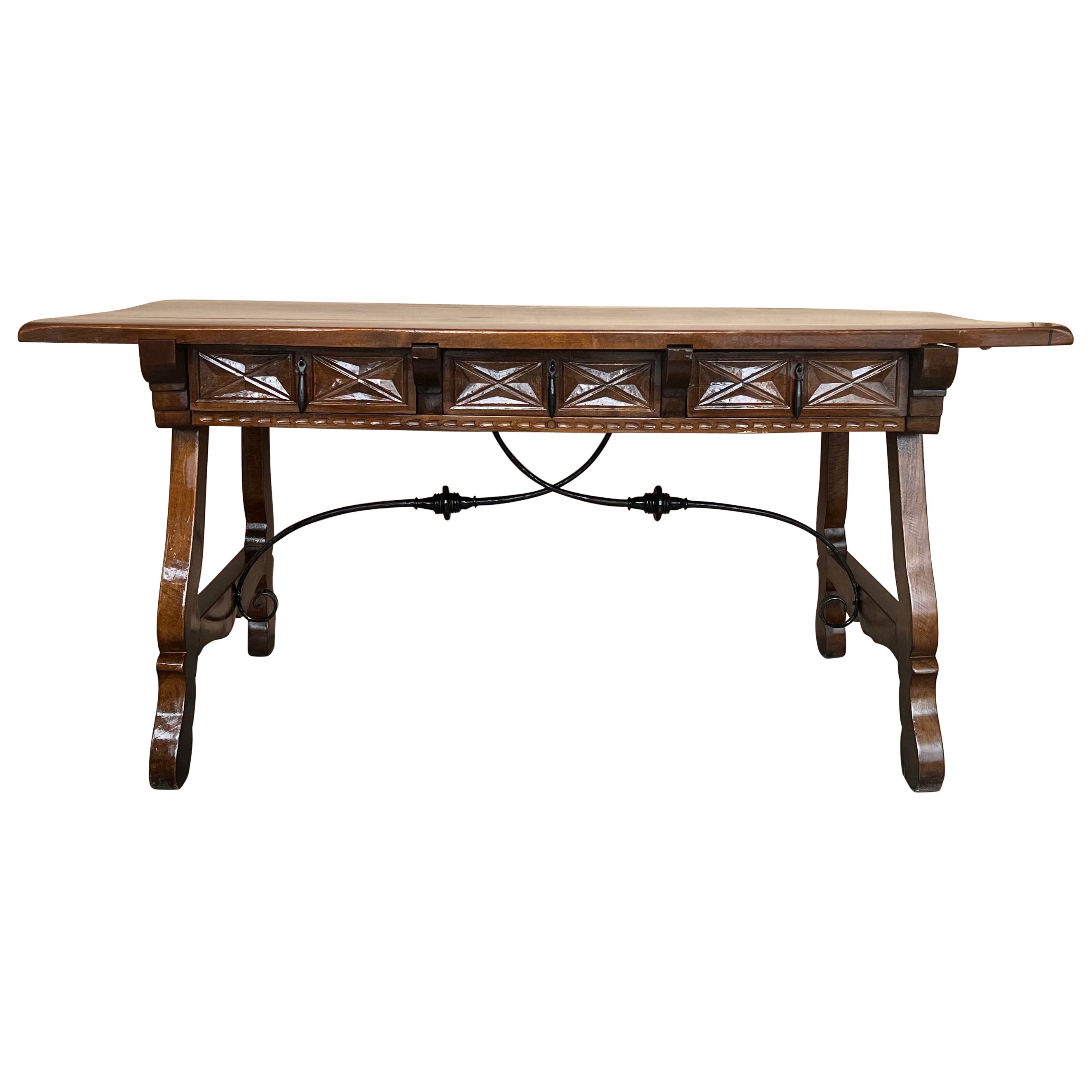 20th Century Solid Walnut Baroque Lyre-Leg Trestle Refectory Desk Writing Table For Sale