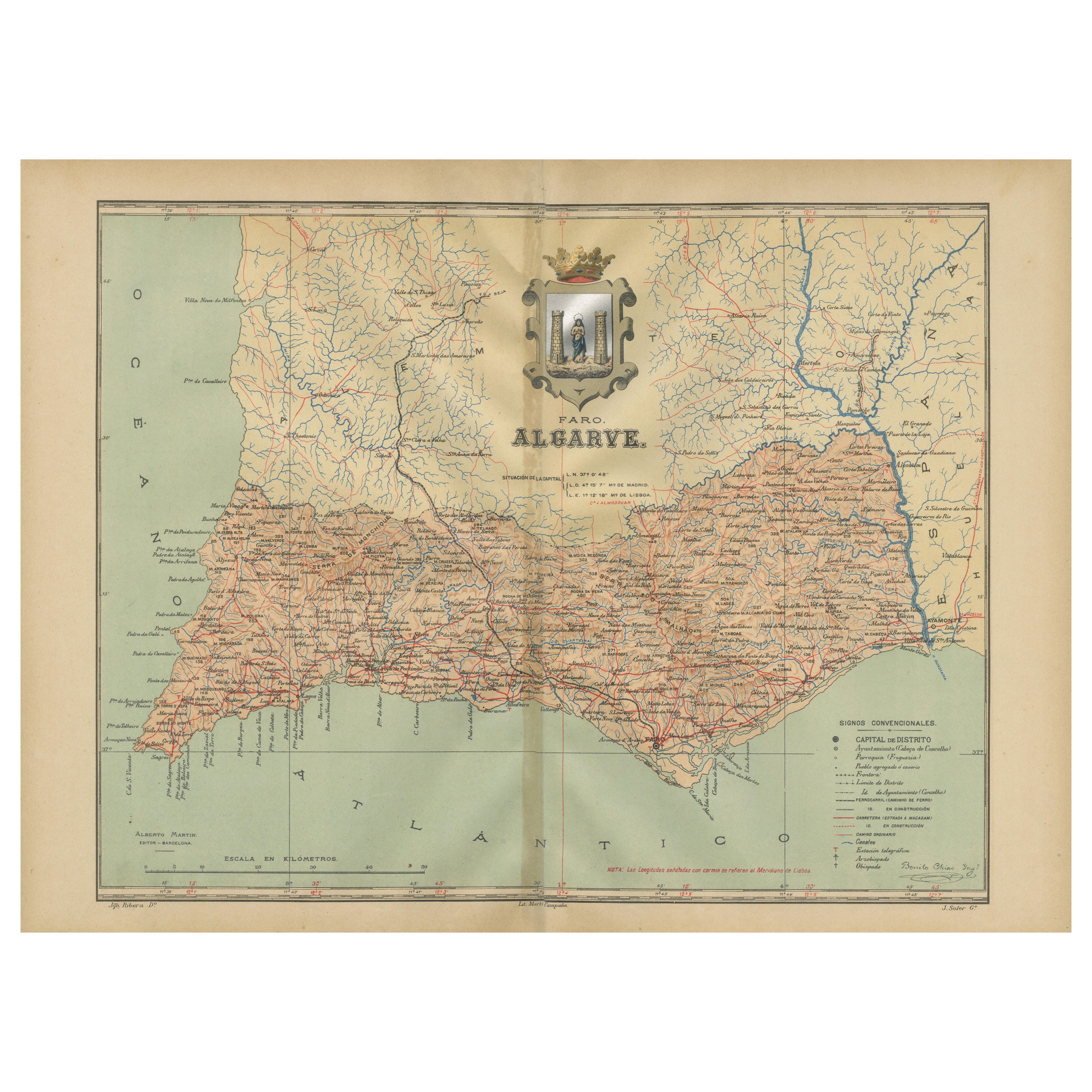 Algarve: A Tapestry of Sea and Sunlight in an Antique Map, 1903 For Sale