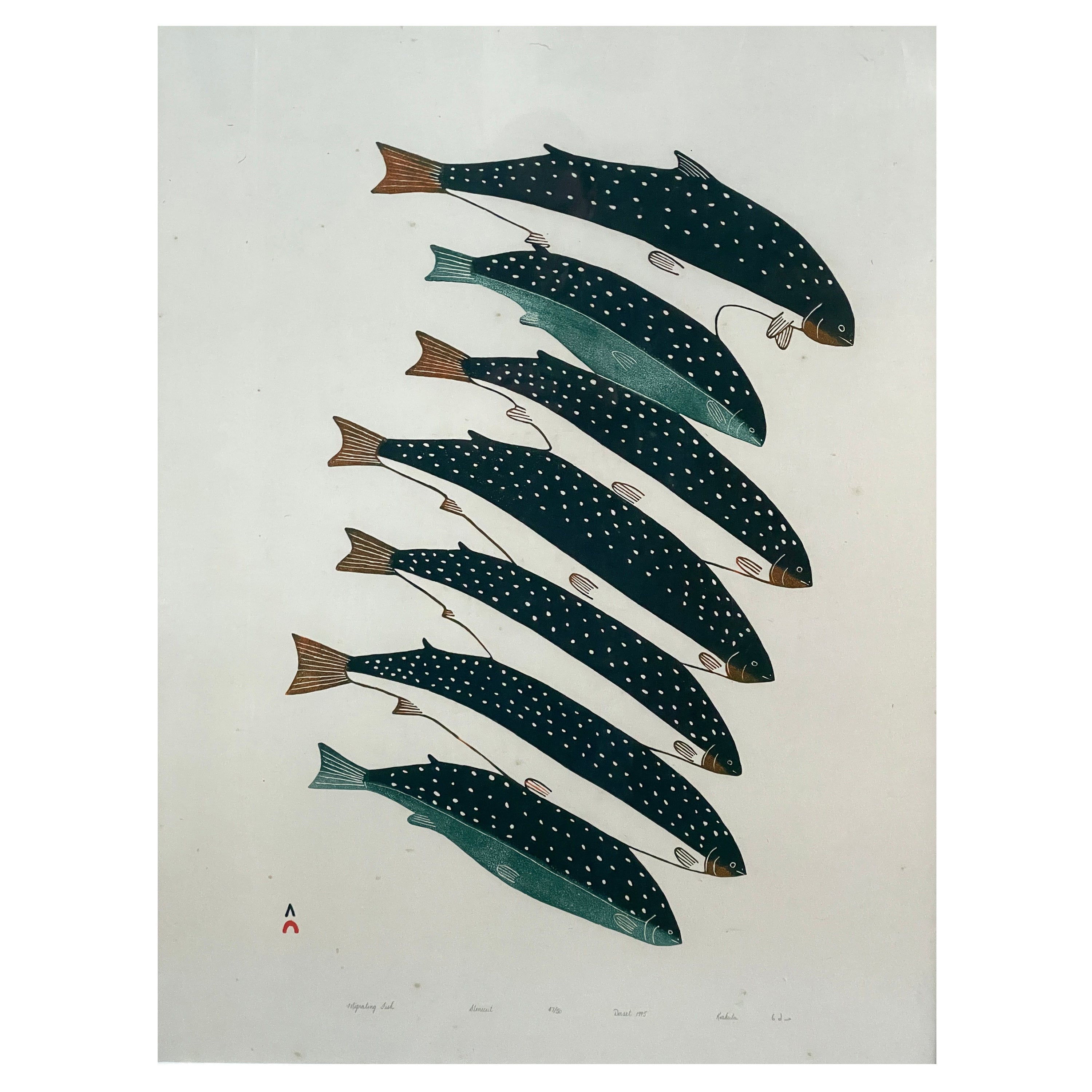 Kakulu Saggiaktok migrating Fisch Steinschnitt Kunst Kanada Baffin Dorset Inuit Kultur im Angebot