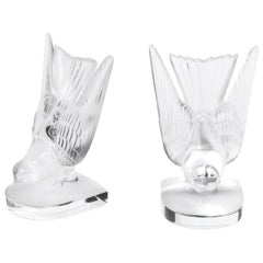 Pair of Frosted Crystal Hirondelle / Swallow Bookends by Lalique of France