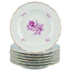 Meissen, Allemagne. Ensemble de sept assiettes en porcelaine peintes à la main avec des fleurs violettes