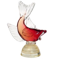 Barbini Murano Sommerso Rot Gold Flecken Italienische Kunst Glas Fisch Figur Skulptur