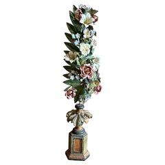 Antique 19th Century Lacquered Wood Palm Holder with Original Metal Floral Composition