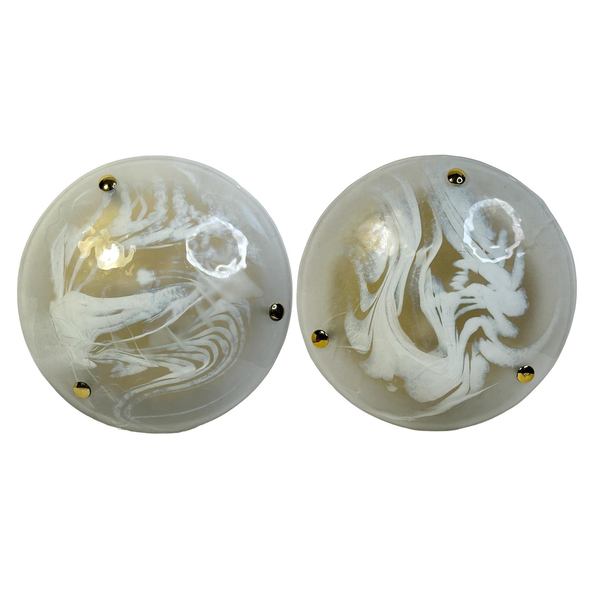 Pair of Exclusive Glass & Brass Hillebrand Flush Mount Lights Midcentury, 1970s For Sale