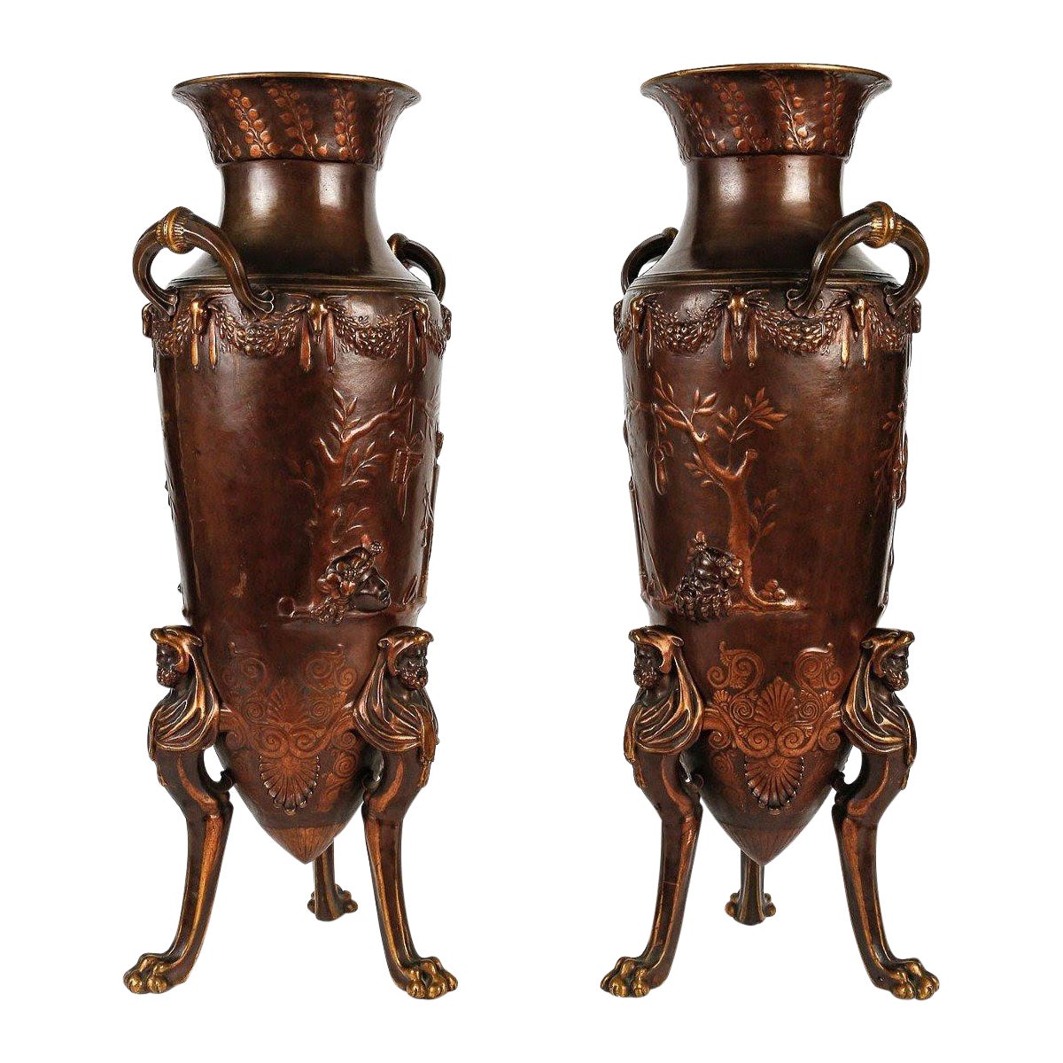 A Pair of Patinated Bronze Vases by Ferdinand Barbedienne, 19th Century. For Sale