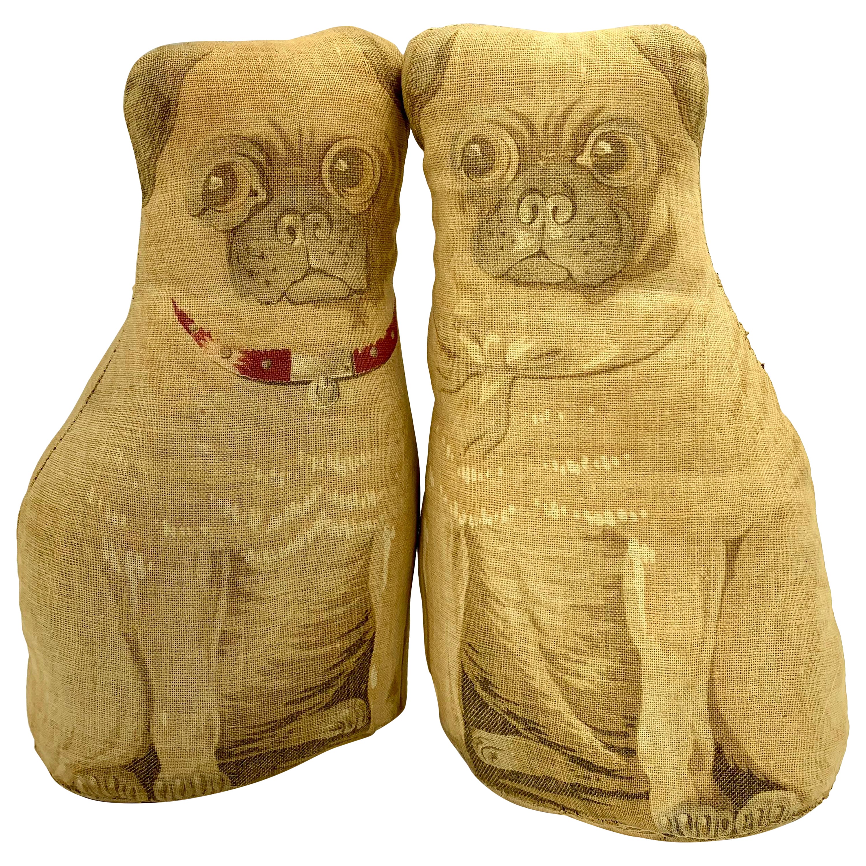 Rare Charming Pair of Early 20th Century Printed Cotton Pug Pillows