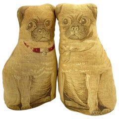 Seltenes, charmantes Paar bedruckter Baumwoll-Pug-Kissen aus dem frühen 20. Jahrhundert