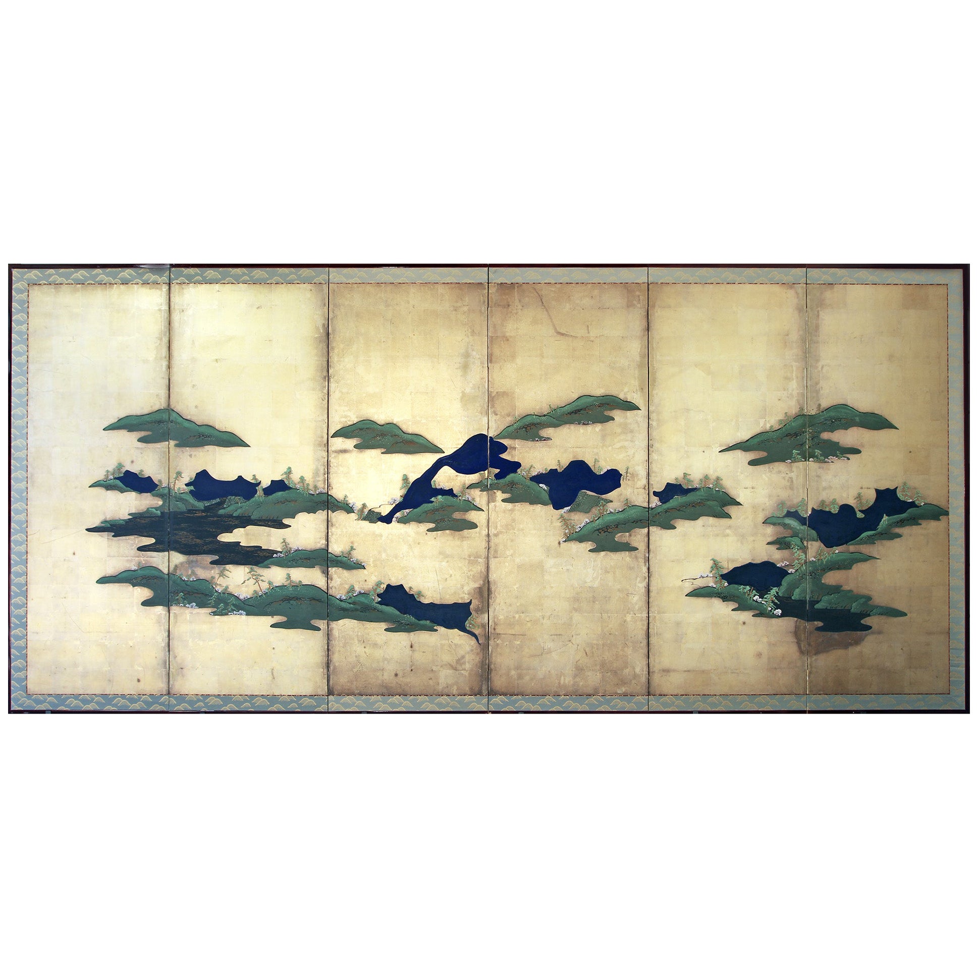 Paravento giapponese a sei pannelli dipinto su foglia d'argento For Sale