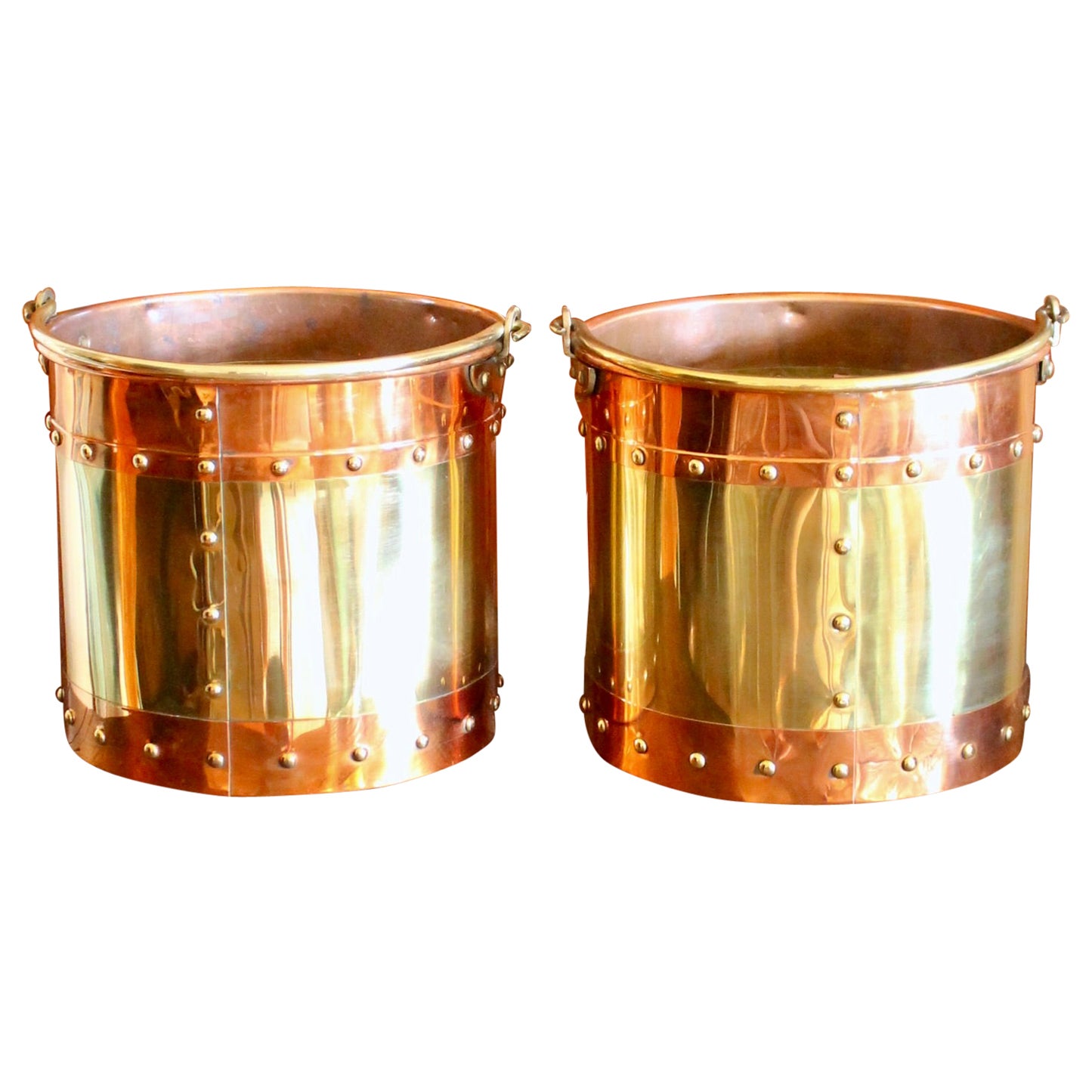 Pair of Copper and Brass Studded Kindling Buckets For Sale