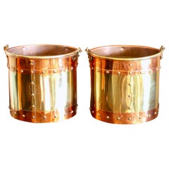 Vintage Pair of Copper and Brass Studded Kindling Buckets