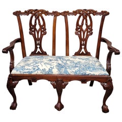 Retro Mahogany Chippendale Bench With Schumacher Chinoiserie Upholstery