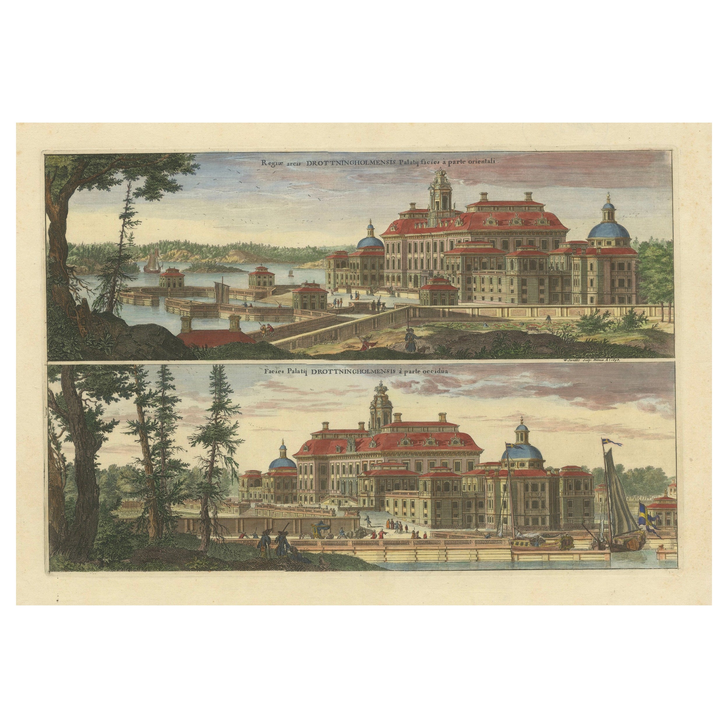 Drottningholm Palace in Sweden: East and West Views by Dahlbergh, 1707 For Sale