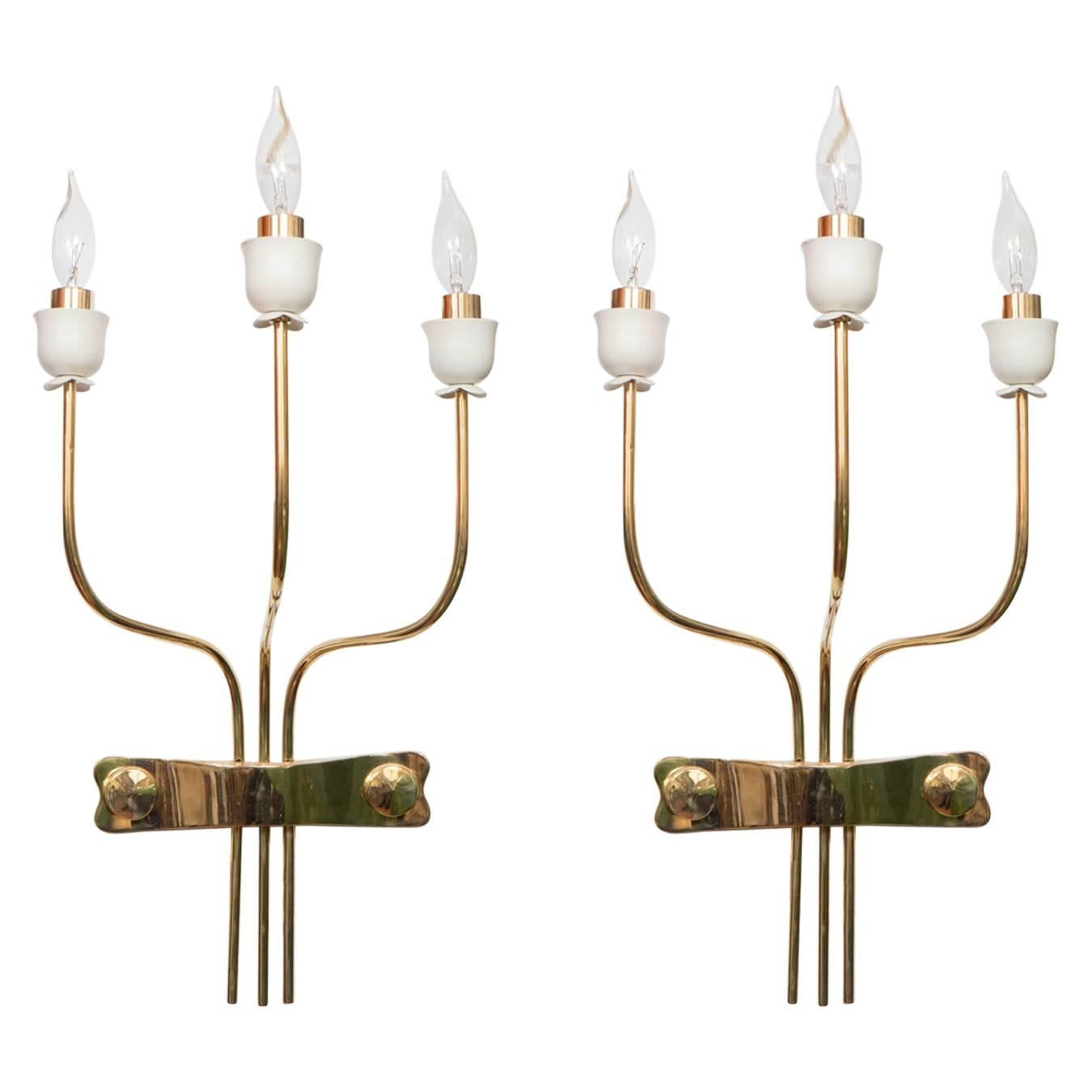 Pair of Three-Arm Brass Sconces with Flower Bobeches