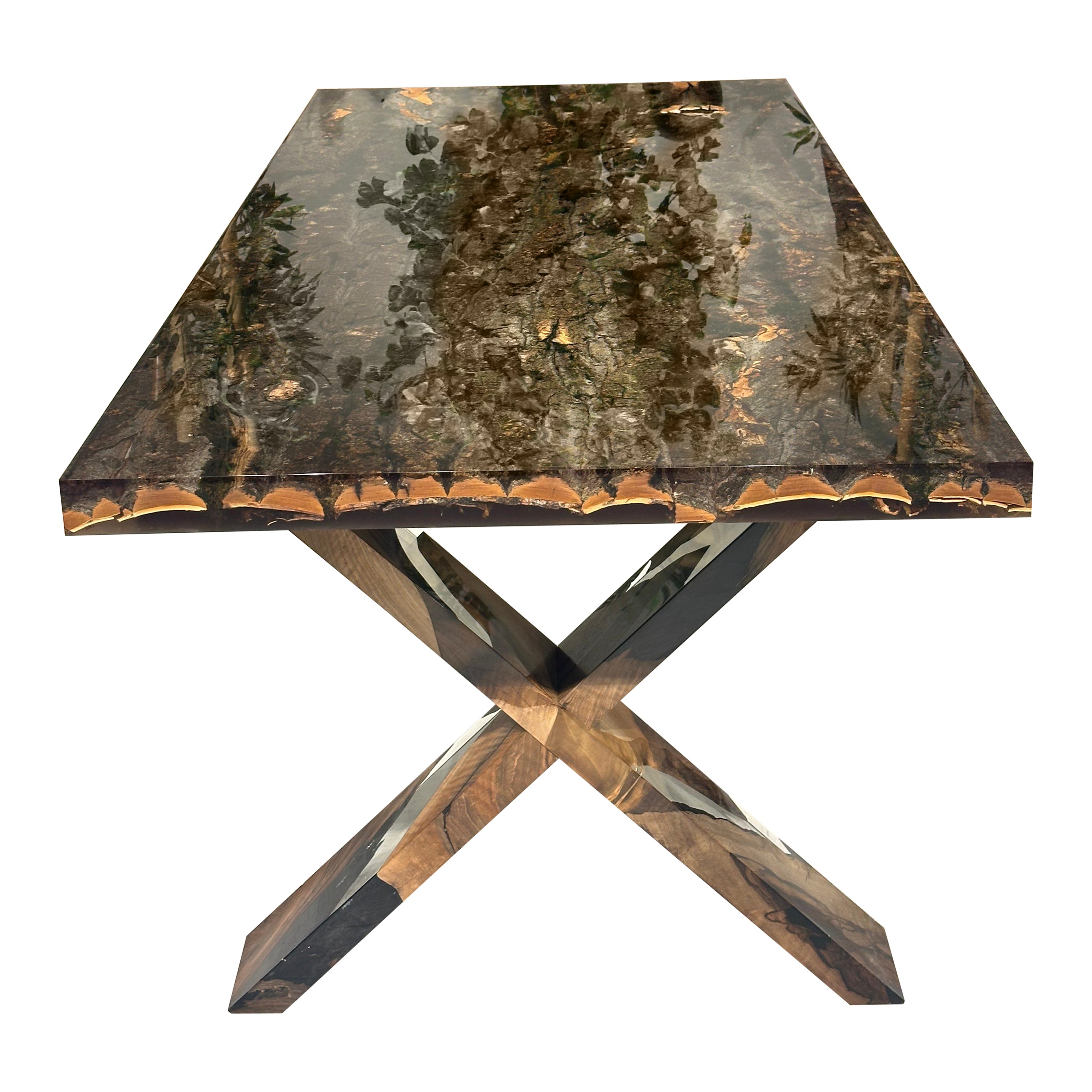 Bark & Moss Ultra Clear Epoxy Resin Dining Table For Sale