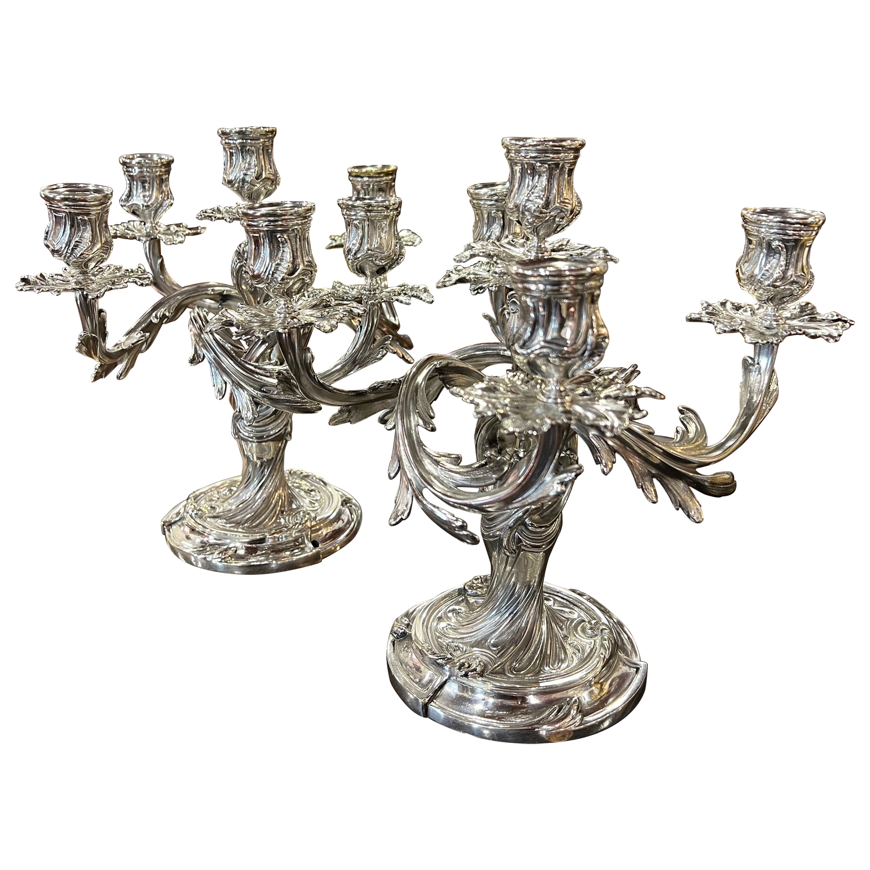 20th Century Pair of Bronze Silvered Candelabras Signed Christofle
