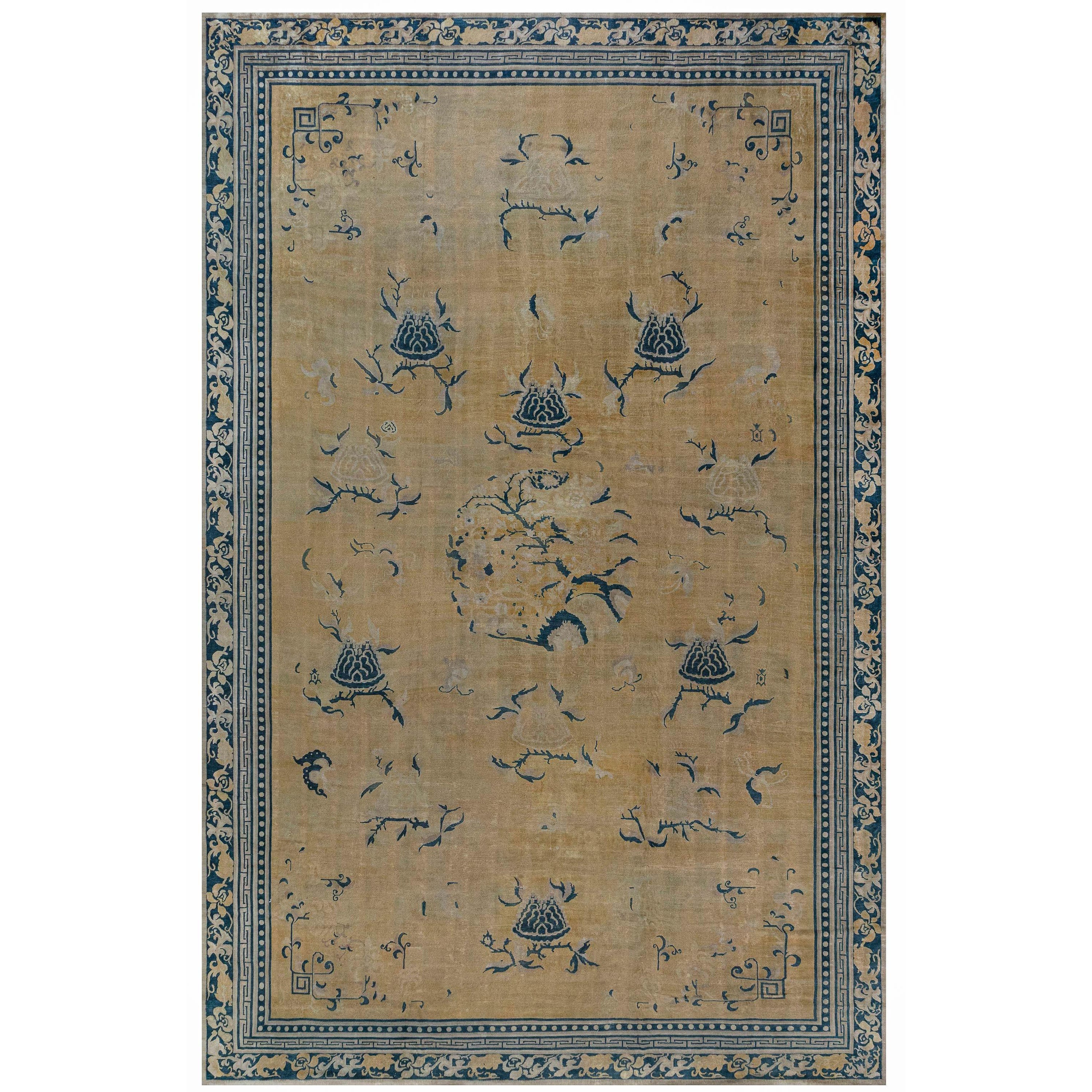 Antique Chinese Yellow Handwoven Wool Rug For Sale