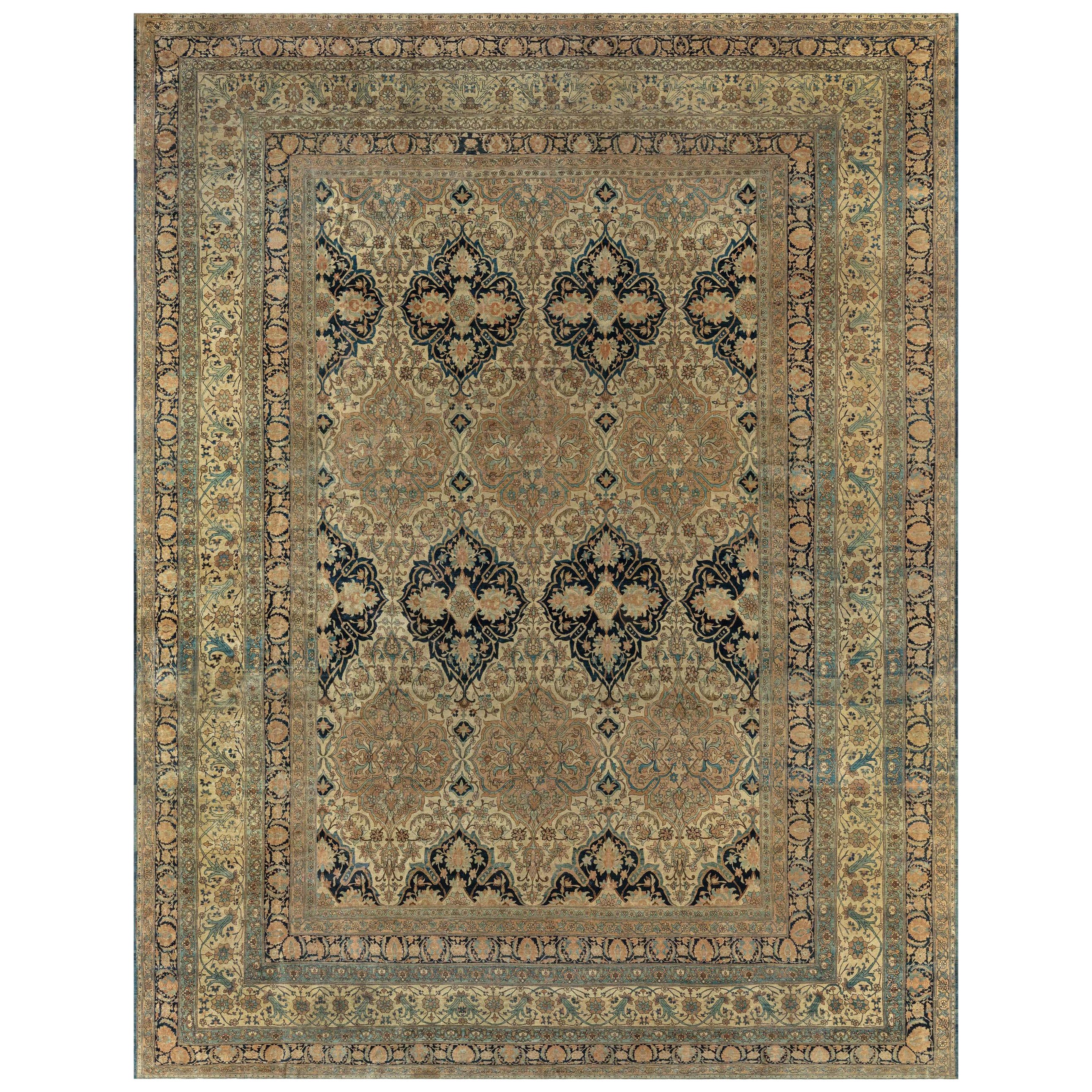 19th Century Persian Kirman Handmade Wool Rug 'Size Adjusted' For Sale