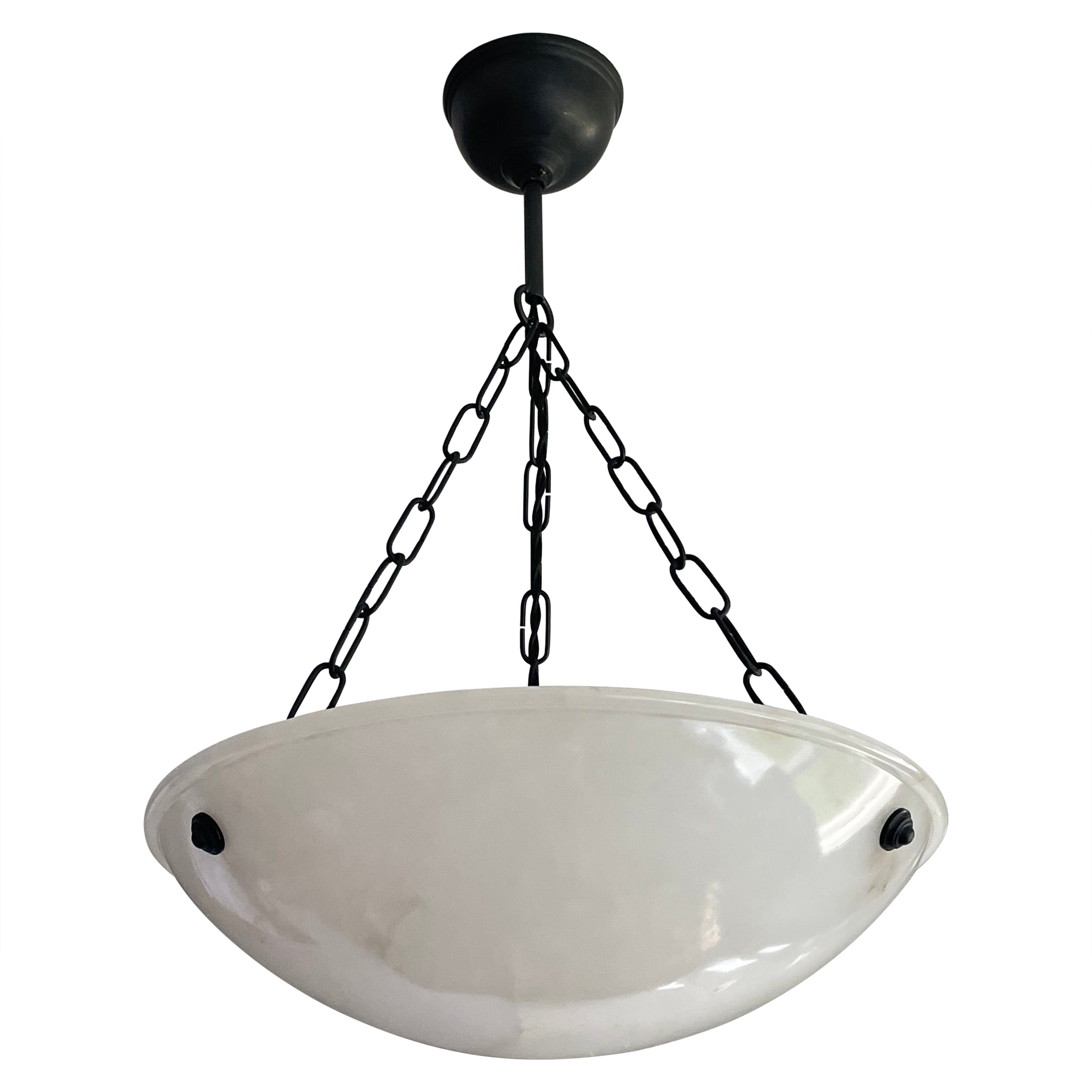 Timeless Art Deco Pendant w. Beautiful Alabaster Shade & Adjustable Brass Canopy For Sale