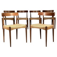 Retro Set of 6 Danish Teak And Paper Cord Dining Chairs Designed By Arne Hovmand Olsen