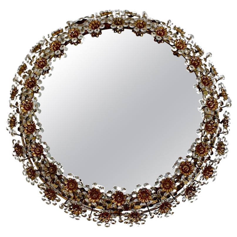 Modern Vintage Backlit Circular Wall Mirror Gilt Brass Crystal Flower 1960 Palwa