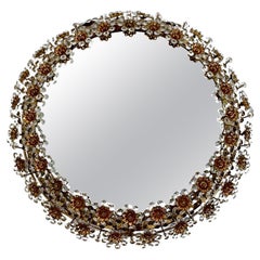 Modern Retro Backlit Circular Wall Mirror Gilt Brass Crystal Flower 1960 Palwa