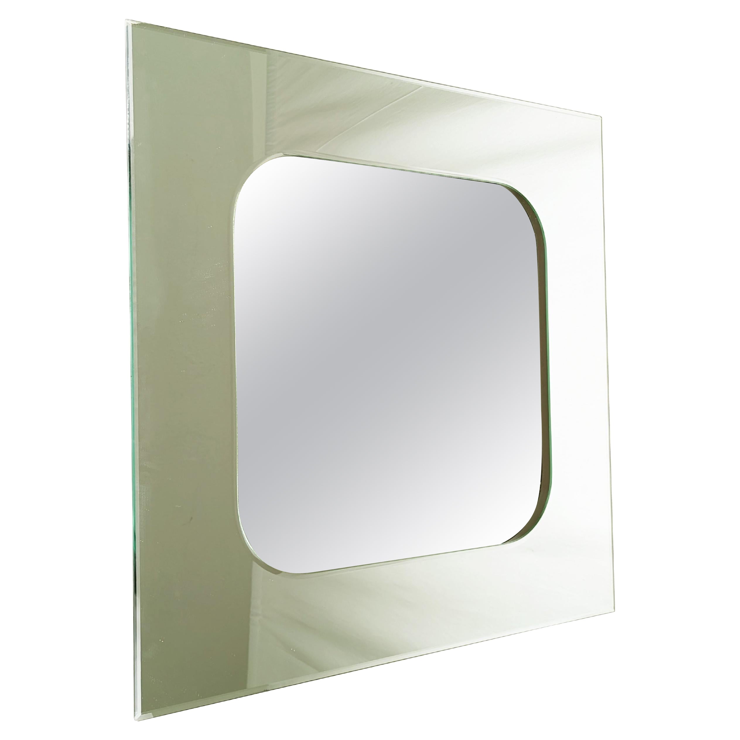 Italian brown wood & Mirrored Glass square Mirror , 1970s For Sale