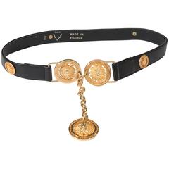 Versace Black Leather Belt with Gold Medallions