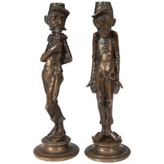 Pair of 19th Century Bronze Figural Candle Holders as Comical Soldiers