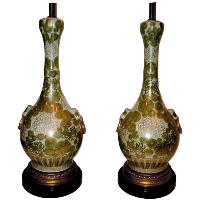 French Celadon Floral Table Lamps