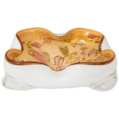 Murano Art Glass White Bowl with Colorful Interior & Aventurine Flecks