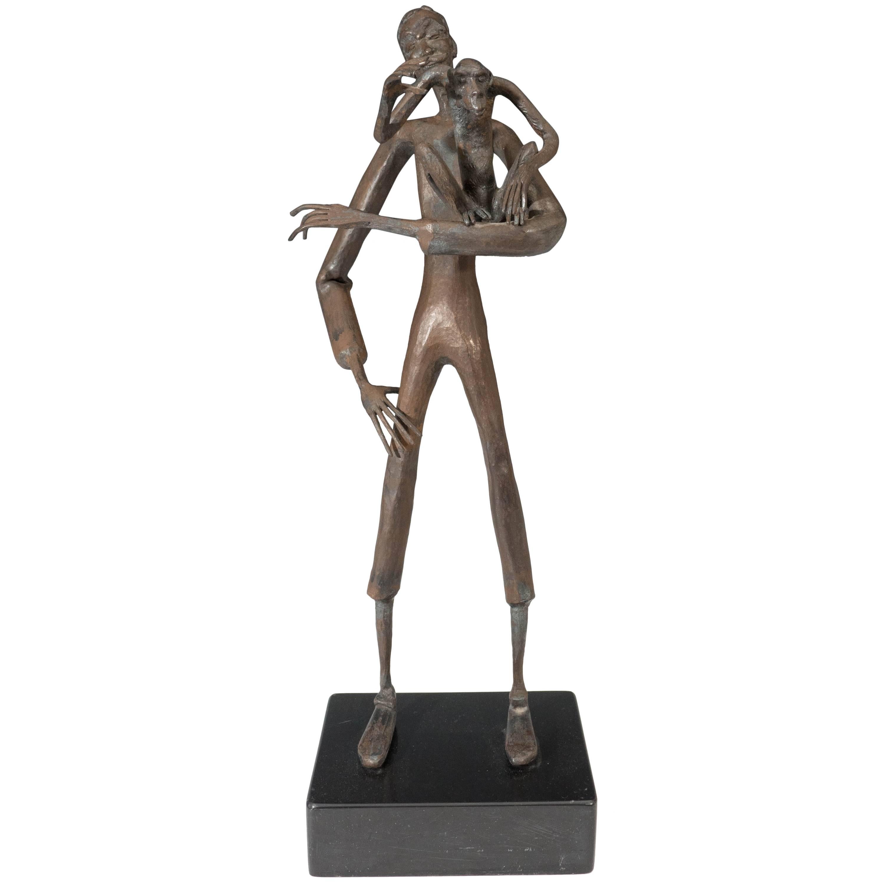 Jean Marc Expressionist Bronze Sculpture of a Man and Monkey on Base For Sale