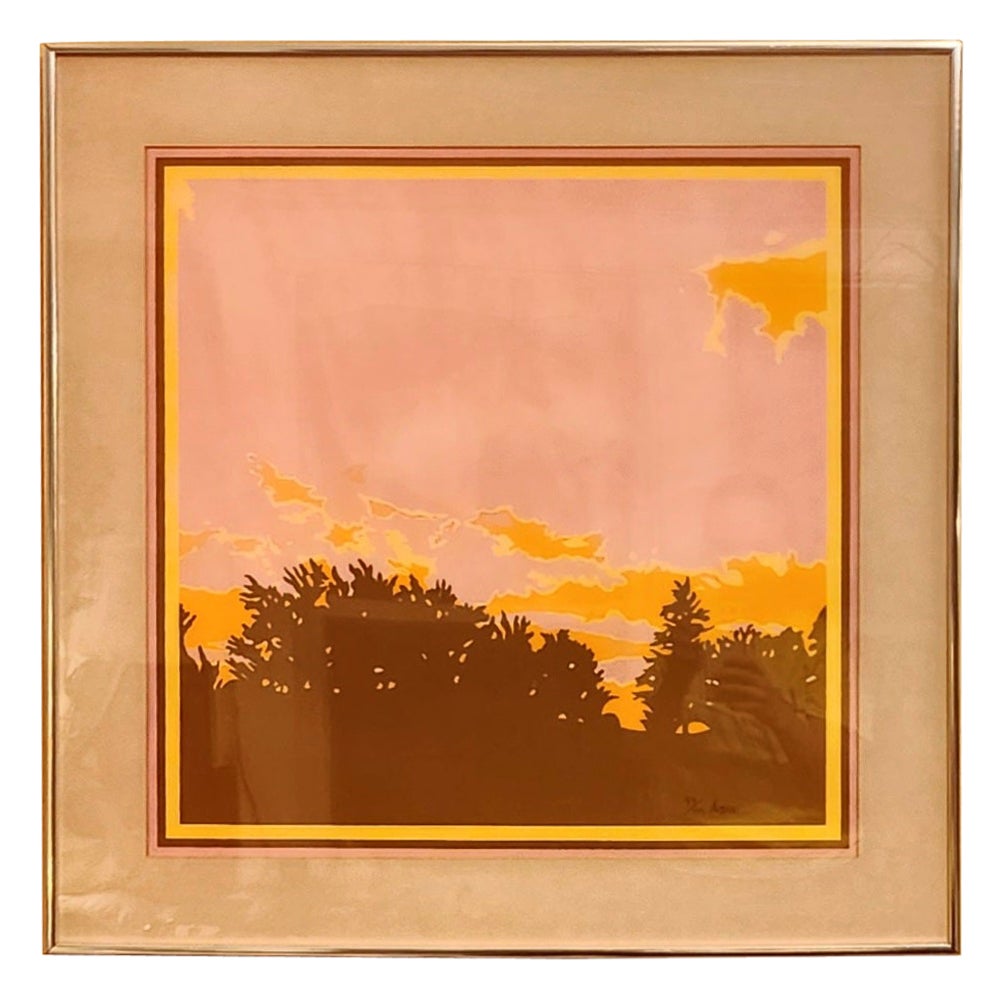 Vintage Abstract Color Blocking Print Landscape Pink Orange and Yellow For Sale