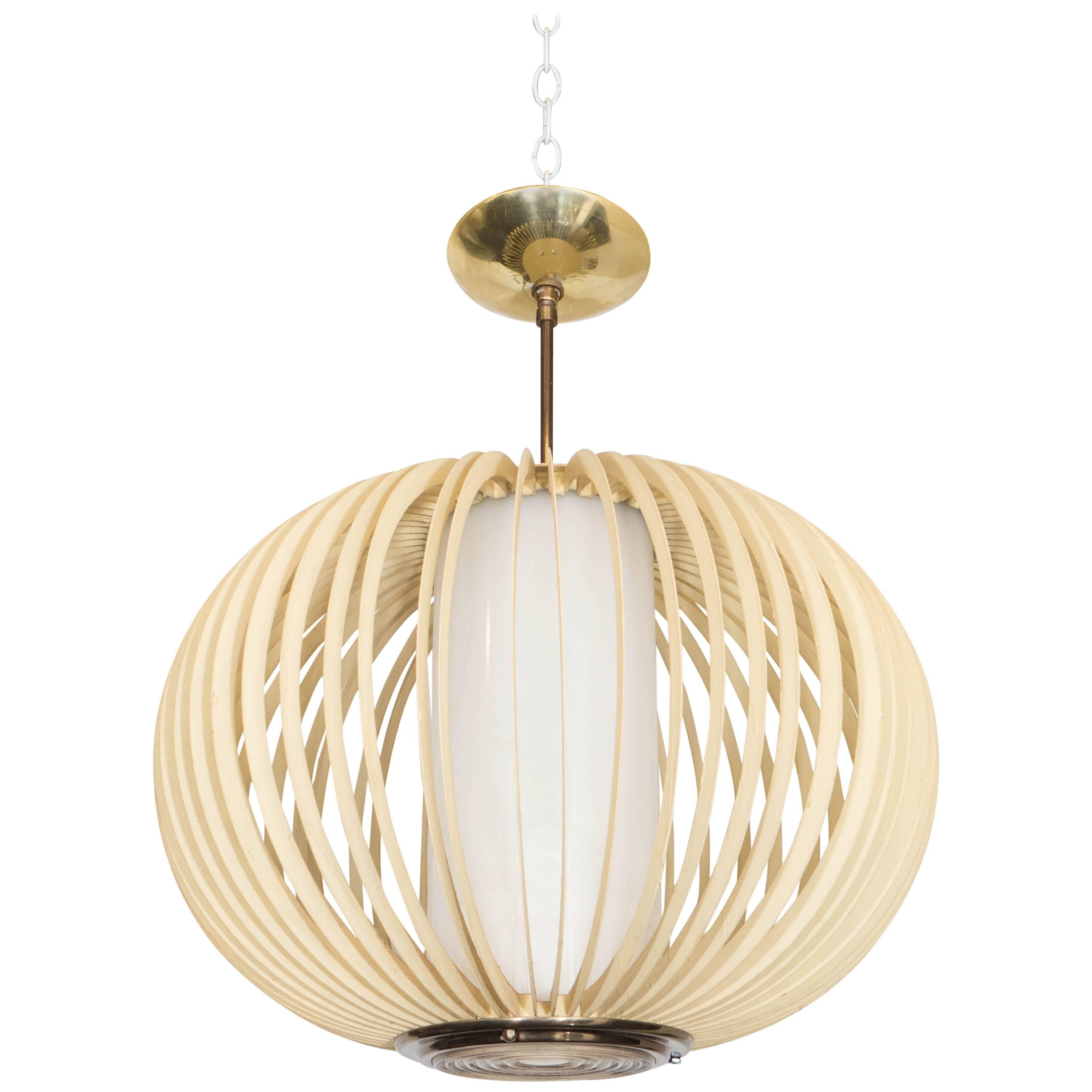 1970s Round Cage Pendant with Milk Glass Shade